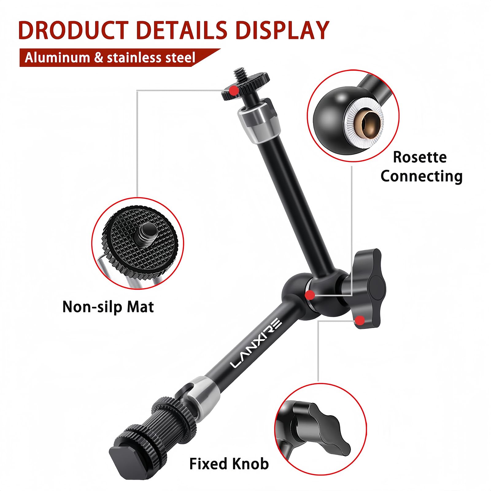 Lanxire Super Clamp And 11'' Adjustable Friction Articulating Magic Arm For Universal Camera Cage/Rig, Monitor, Microphone - 5 X 1/4'' And 1 X 3/8'' Thread - Max Load 4.4Lb