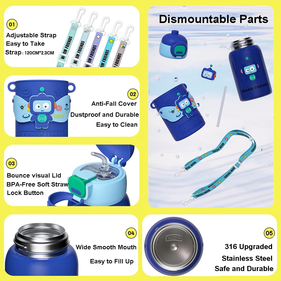 Cute Insulated Water Bottle With Straw Strap Kids, 15 Oz Metal Cups For Hot And Cold Drinks,