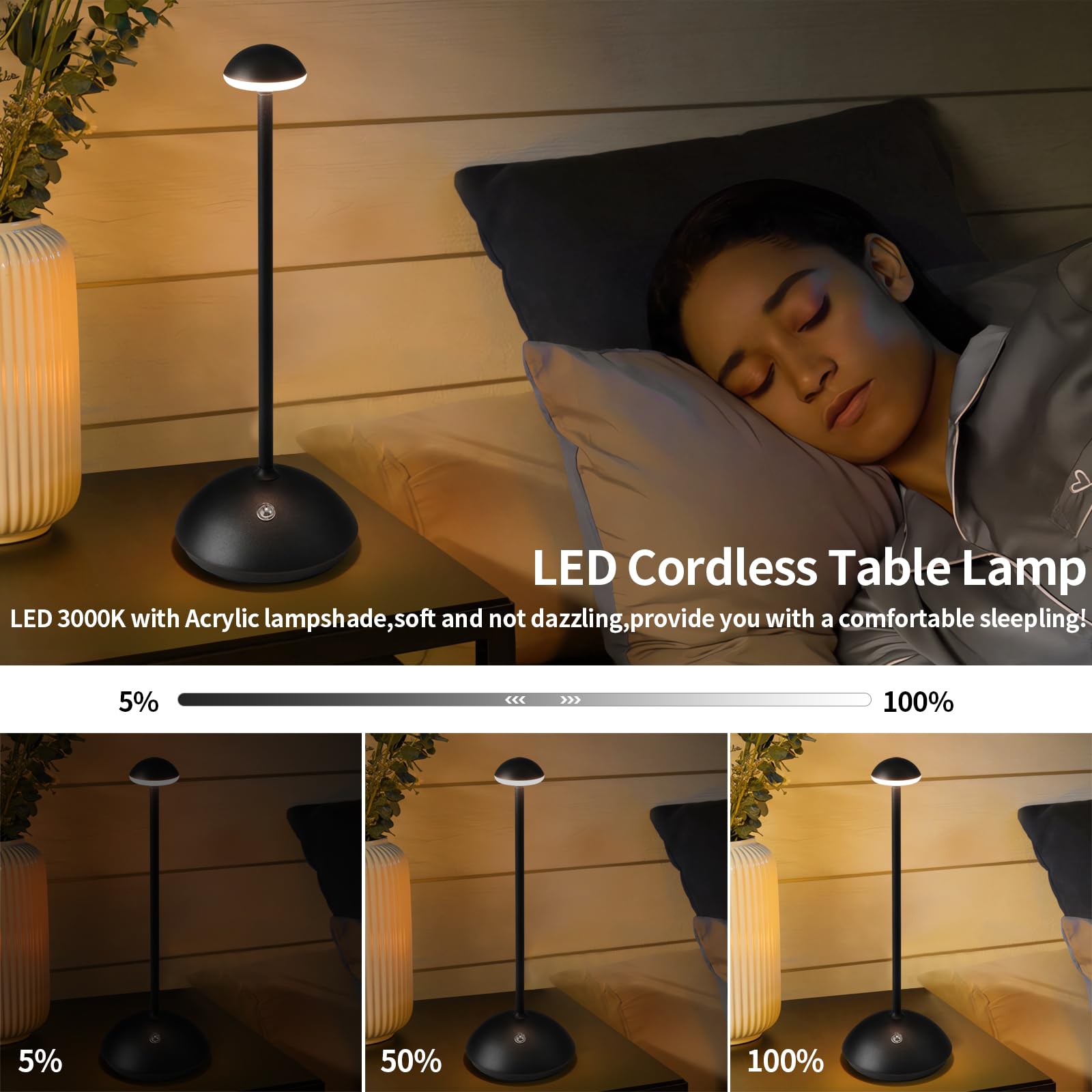 Nuanshued Rechargeable Acrylic Shade Led Table Lamp, 5000Mah Battery, 2-Level Dimmable, Black, Cordless For Bedside & Patio