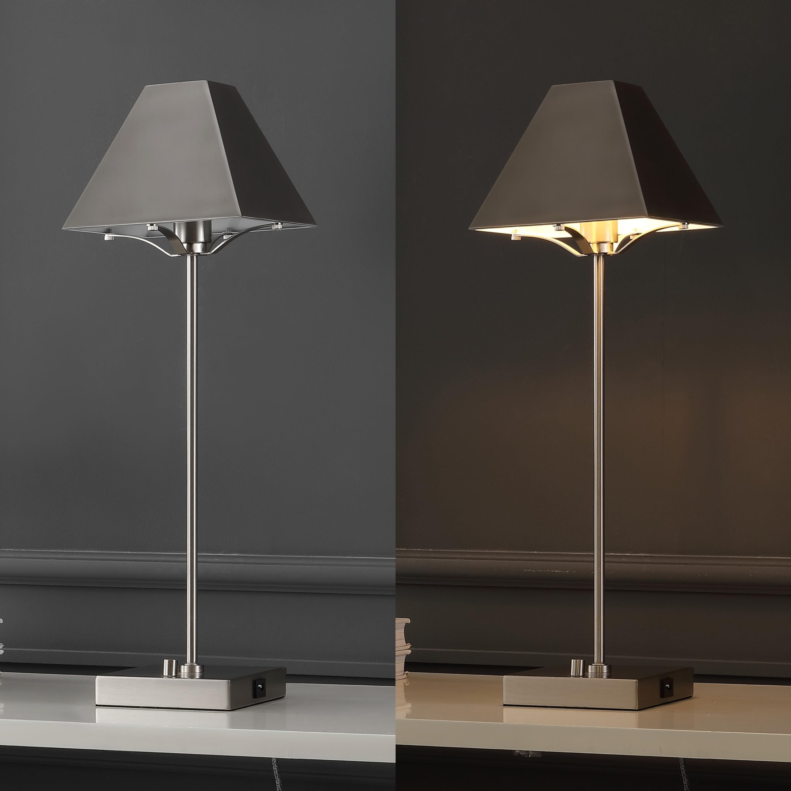 Jonathan Y Jyl6017A Ruthen 25" Industrial Style Iron Pyramid Bedside Led Table Lamp With Usb Charging Port Contemporary, Minimalist, Casual, Art Deco, Office, Living Room, Dining Room, Bedroom, Nickel