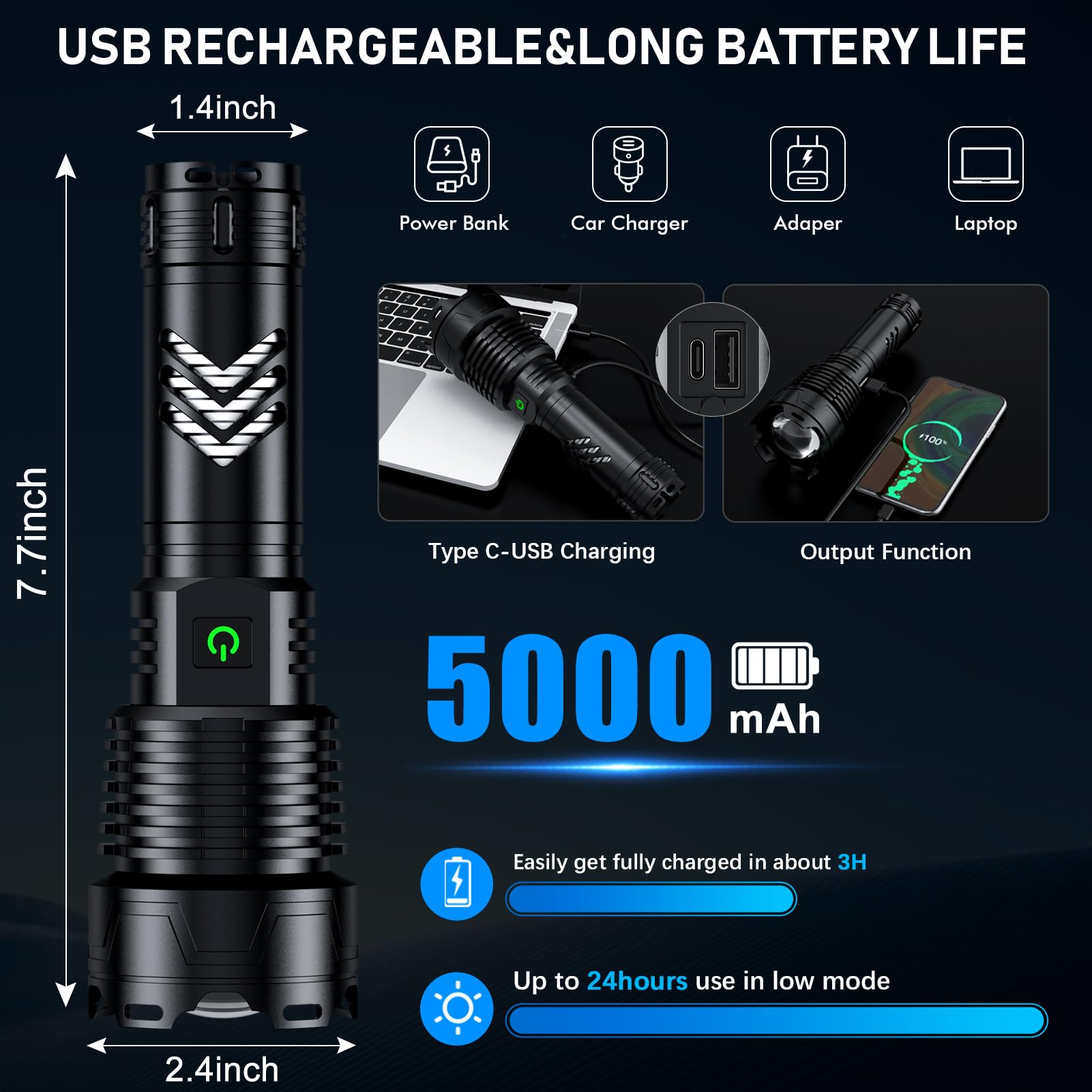 Alifa Rechargeable Flashlights 1500000High Lumens, Led Powerful Super Bright Flashlight, 5 Mode Zoomable Utility Flashlights Waterproof, Output Funtion & 24H Long Life For Emergencies Camping.
