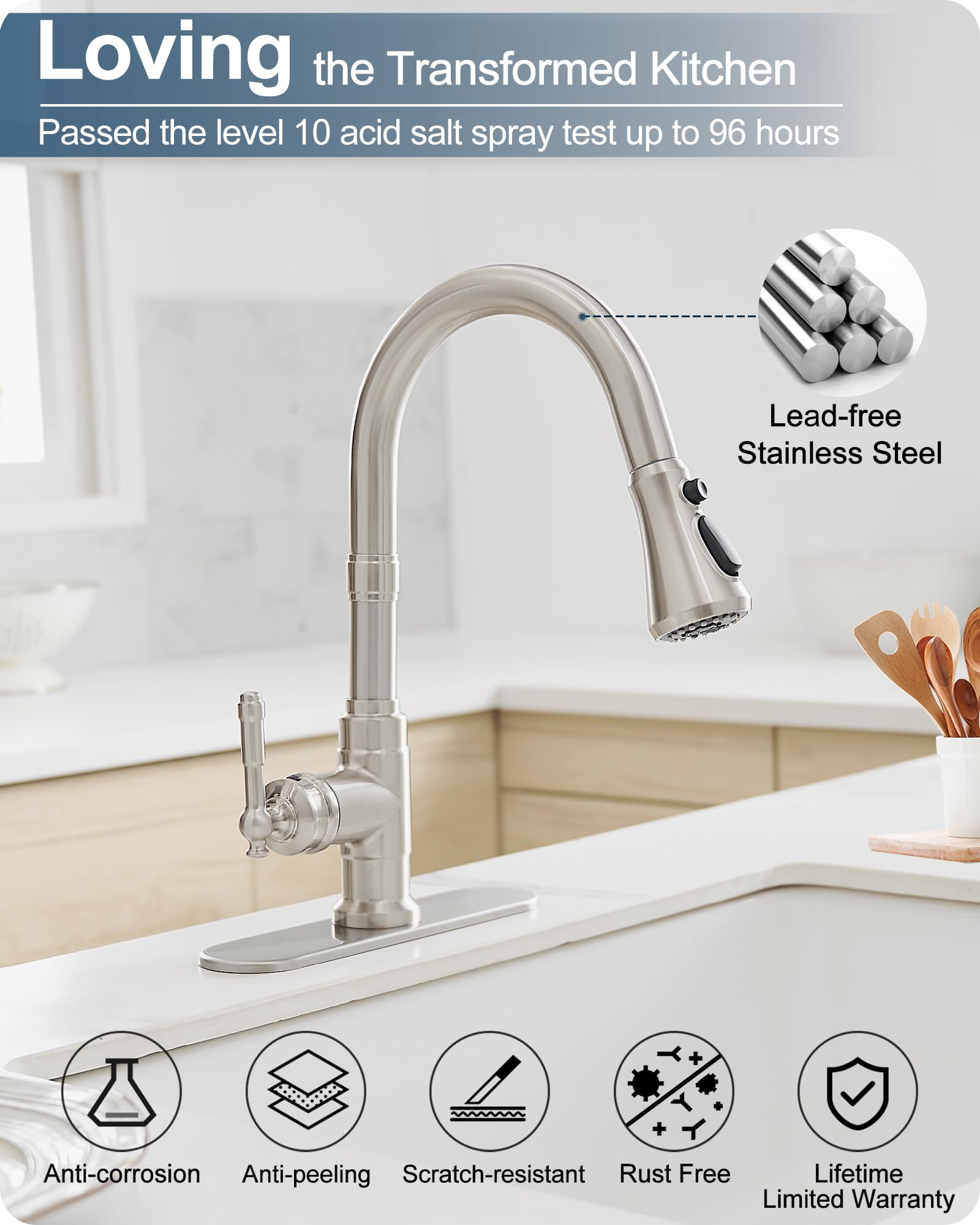 Hoigy Brushed Nickel 3-Function Pull-Down Sprayer Kitchen Faucets, 1 Or 3 Hole High Arc Classic Single Handle Kitchen Sink Faucet With Deck Plate, For Farmhouse Camper Rv Laundry Utility Room
