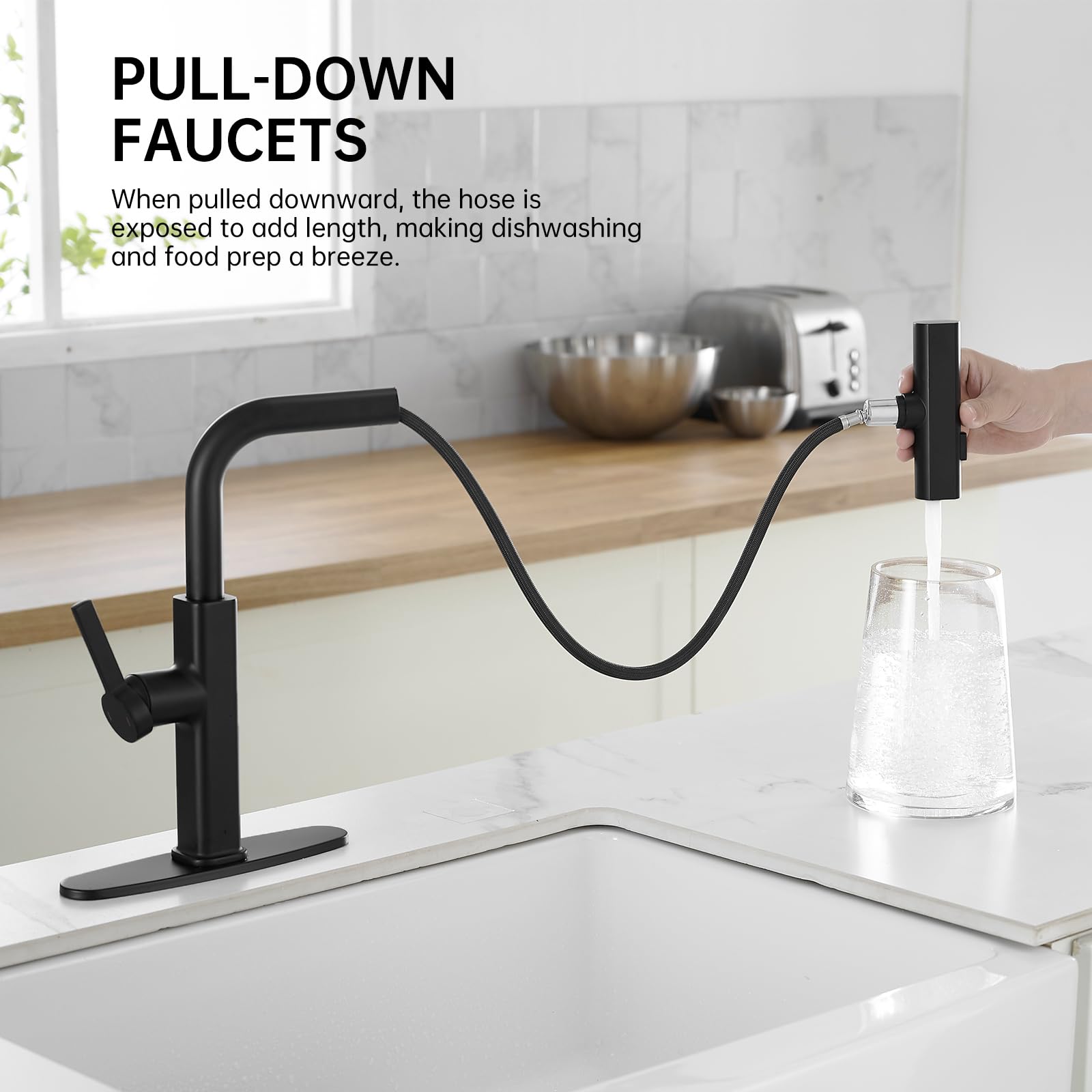 Rumose Kitchen Faucets With Pull Down Sprayer Matte Black Waterfall Rv Kitchen Sink Faucet With Sprayer 3-Mode Commercial High Arc Single Hole Or 3 Hole Stainless Steel Laundry Faucet With 360° Swivel