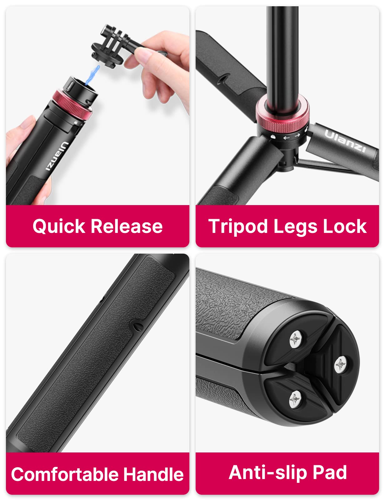 Ulanzi Select 57In Selfie Stick Tripod For Action Cameras - Ulanzi Go Quick Ii Extendable Tripod Stand Magnetic Suction Quick Release Vlog Accessories Handle For Action Cameras