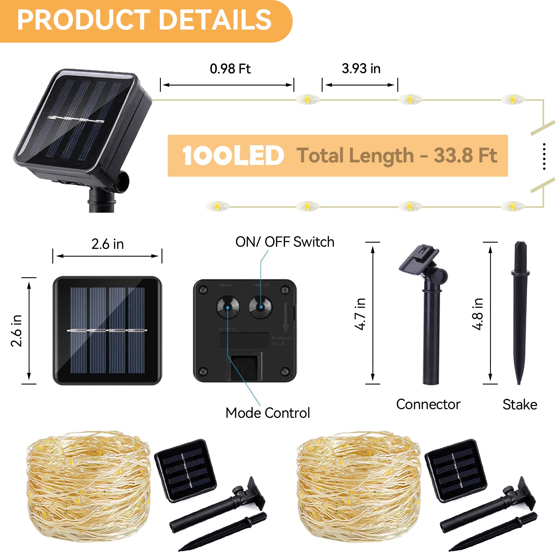 Lightop Solar String Lights Outdoor 2 Pack 33Ft 100Led Copper Wire Fairy Light Waterproof Decoration For Wedding Party Terrace Yard Tree Garden Patio Christmas (Cool White)