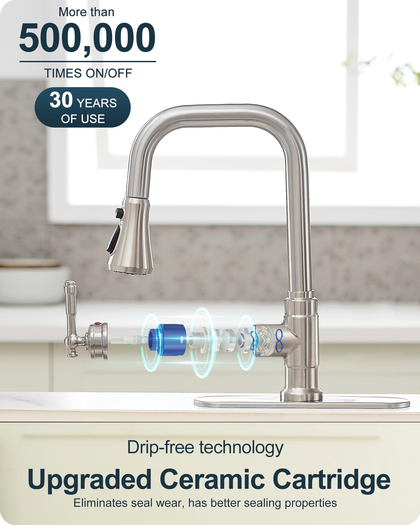 Heymytap Brushed Nickel Kitchen Faucet With Sprayer, 3 Modes Pull Down Kitchen Sink Faucets, 304 Stainless Steel Suit 3 Hole Or 1 Hole With Deck Plate & Pipes