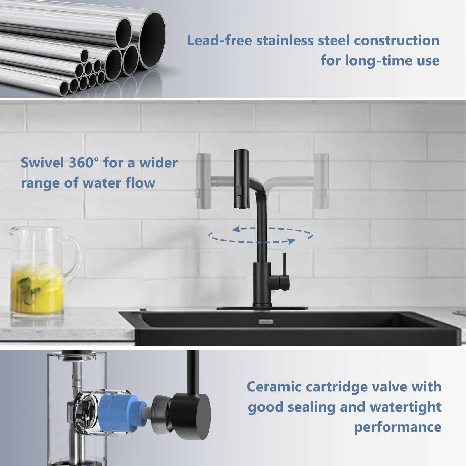 Peppermint Black Kitchen Faucet With Pull Down Sprayer Waterfall Kitchen Sink Faucet Stainless Steel Rv Matte Black Kitchen Faucets Single Handle Faucets For Kitchen Sink 1 Or 3 Hole 360° Rotatable