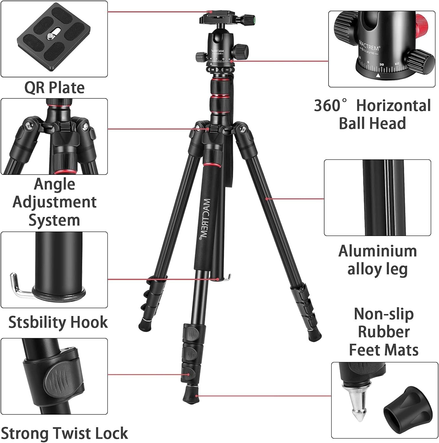 Mactrem 84" Camera Tripod, Dslr Tripod Heavy Duty For Travel, 360 ° Ball Head Professional Aluminum Tripod & Monopod With Carry Bag Compatible With Canon Nikon Binoculars Laser Telescope, 33Lb Load