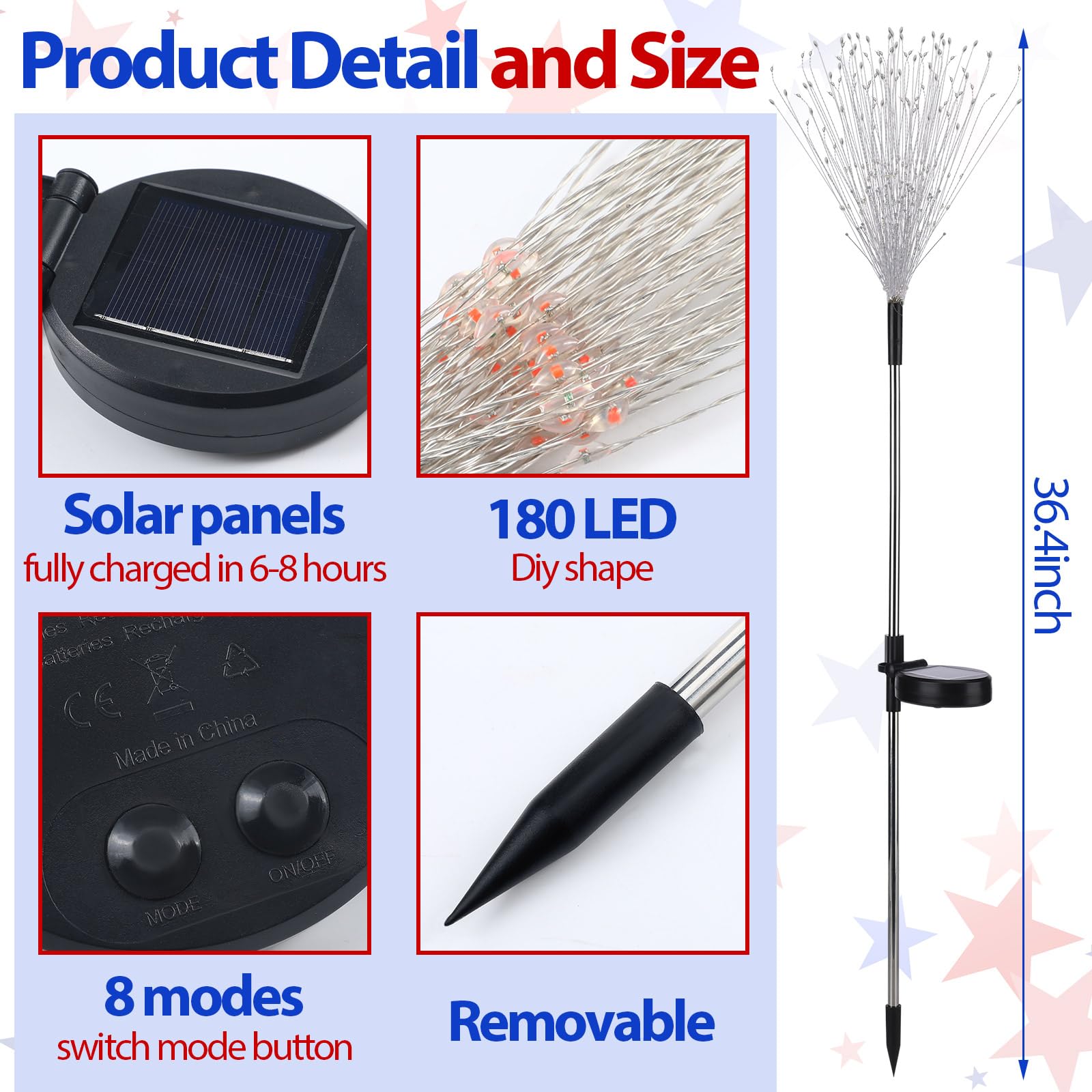 Tujoe 4Th Of July Decorations Outdoor 4 Pack Solar Power Yard Firework Lights Patriotic Garden Waterproof Solar Lights With 180 Led 8 Modes For Independence Day Party Decoration(Red, White, Blue)
