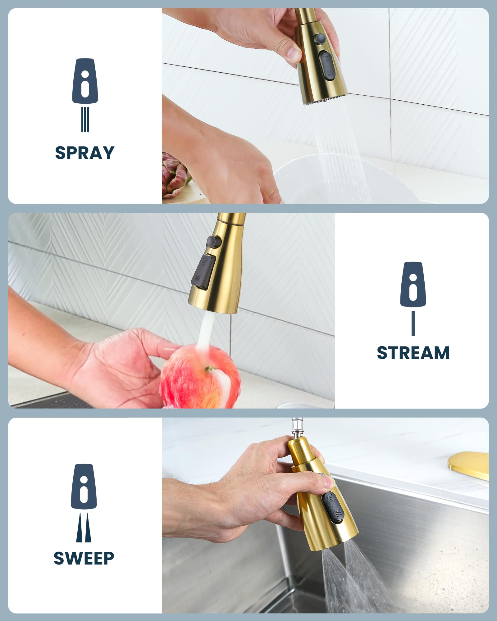 Arcora Kitchen Faucet Spray Head Brushed Gold, 3-Function Kitchen Sink Spray Nozzle With 9 Adapters, Kitchen Faucet Head Replacement Compatible With Moen, Delta, American Standard Faucets