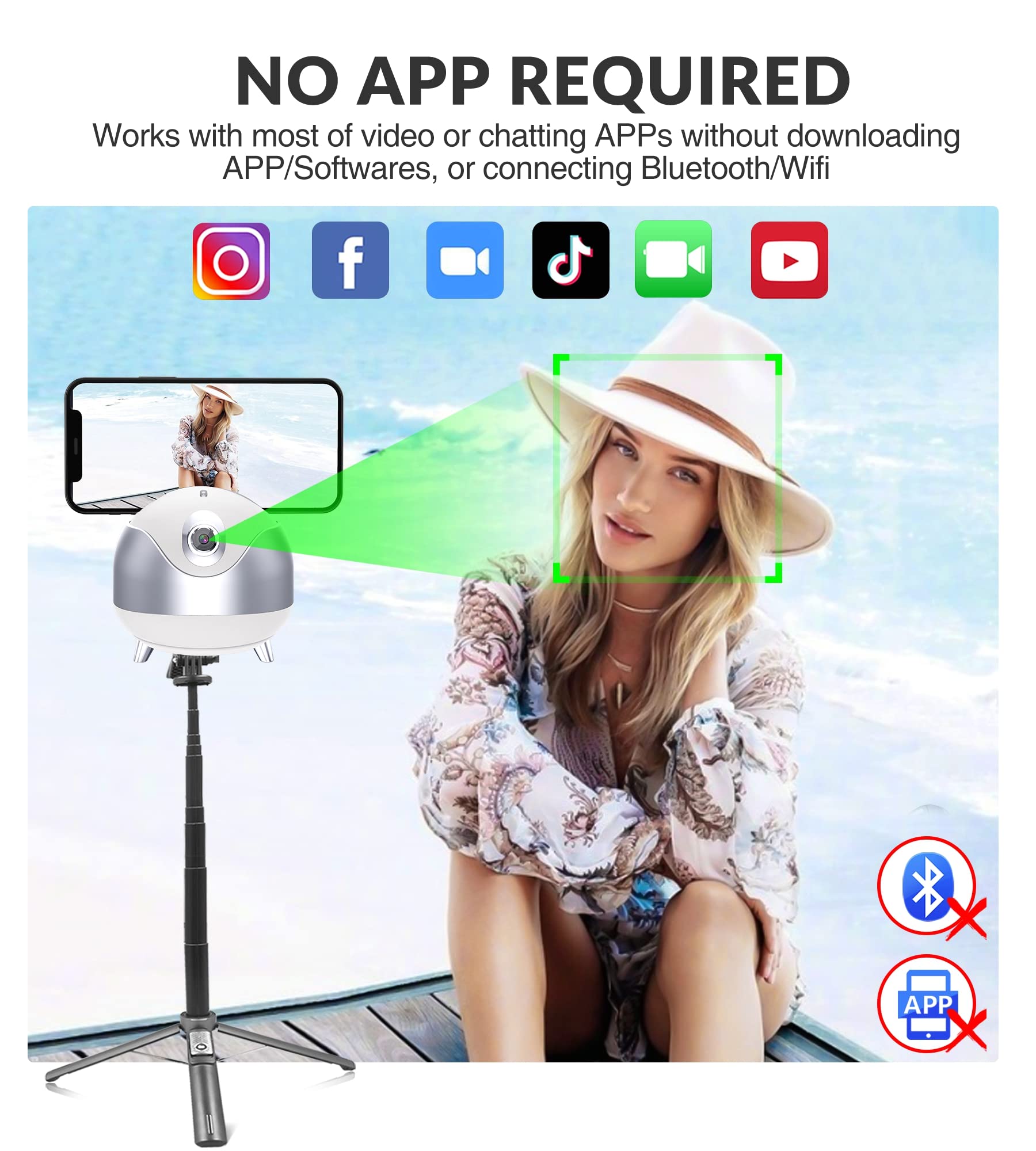 Iyesku Auto Face Tracking 360 Camera Tripod For Cell Phone Rotating With Remote, 2-Axis Smart Ai Face Recognition 360 Selfie Stick Rotation Tripod Mobile Phone Holder Tiktok Camera Tripod (White)