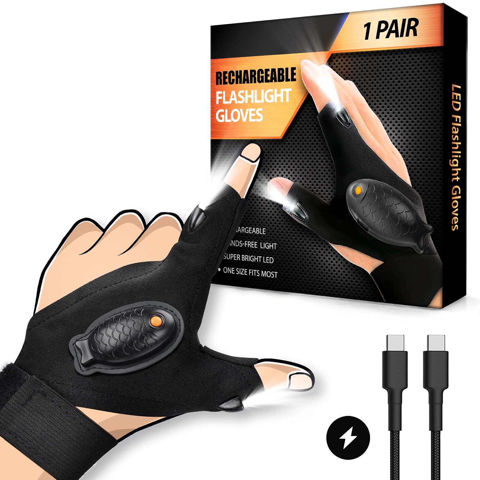 Hanpure Rechargeable Led Flashlight Gloves Stocking Stuffers For Adults Men Christmas Birthday  Idea For Dad Husband Him Boyfriend Car Guy Waterproof Lighted Gloves For Repairing Fishing Camping