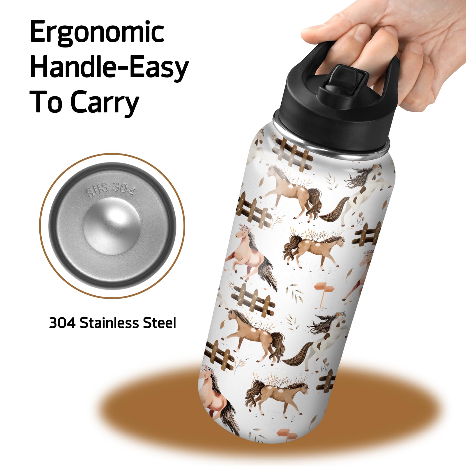 Horse Water Bottles With Straw, 32 Oz Insulated Stainless Steel Tumbler Cup Mug Horse