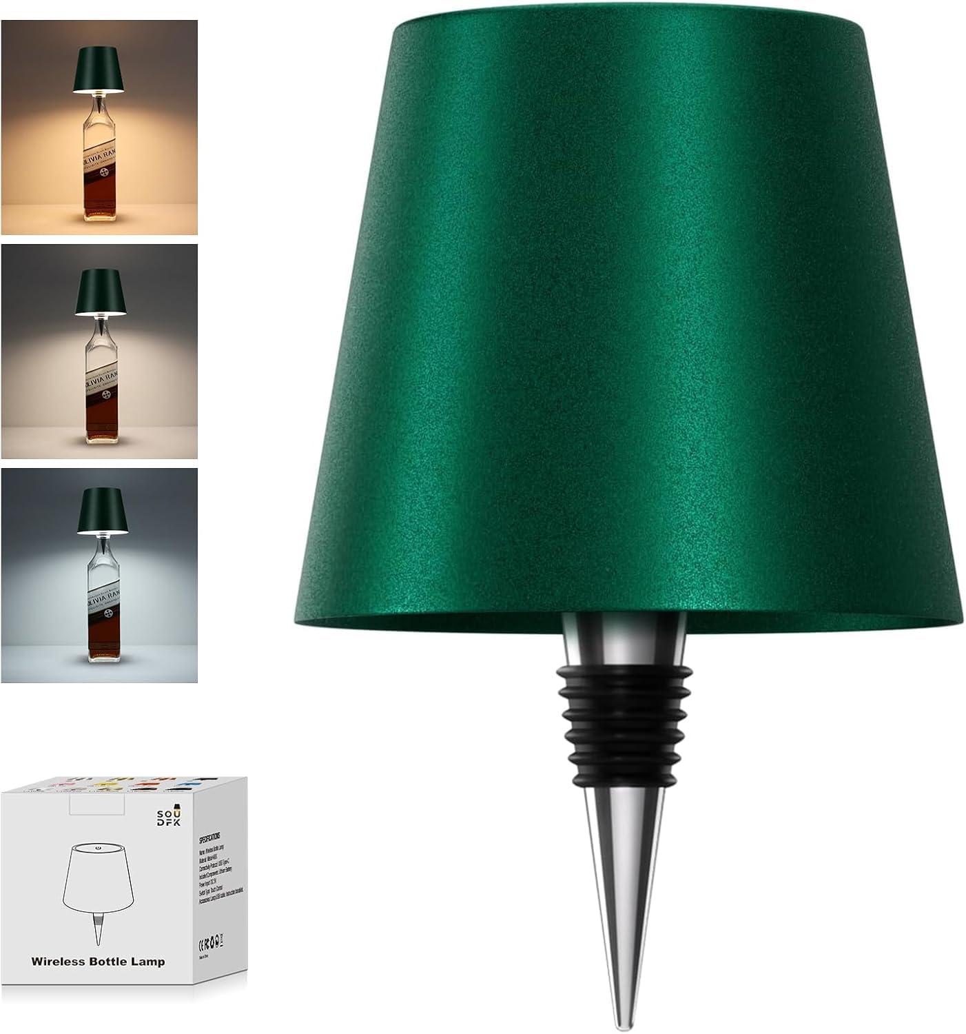 Soudfk Wireless Bottle Lamp, 3 Color Rechargeable Wine Bottle Lights For Bars Restaurants (Dark Green, 1Pc)