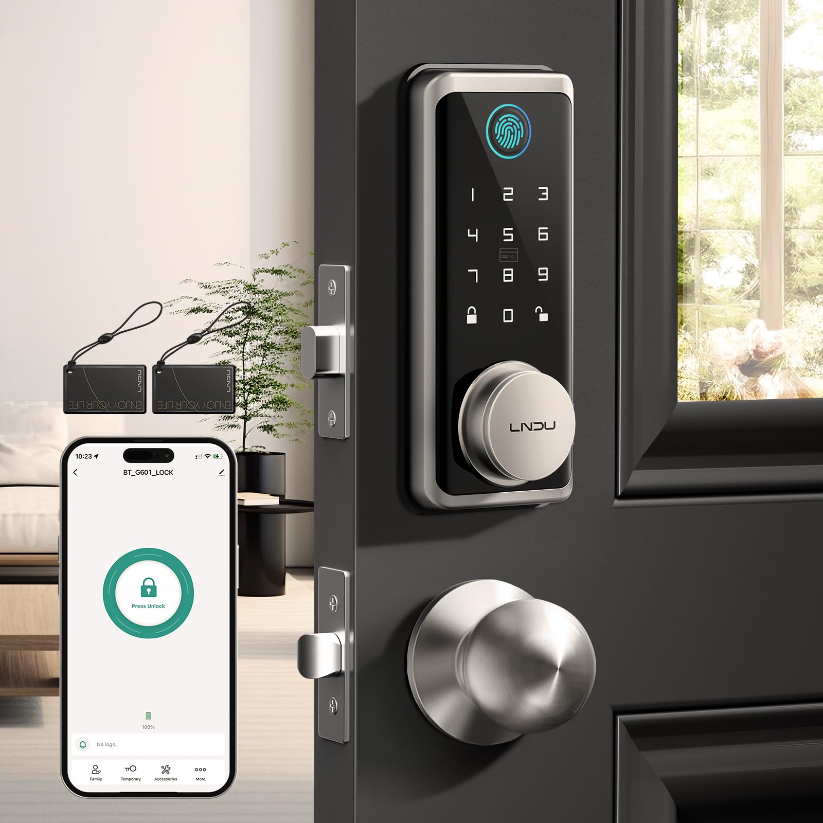 Lndu Wifi Keyless Entry Door Lock Deadbolt With Handle Set: App Remote Control Fingerprint Front Door Lock Set, Smart Deadbolt Locks For Front Door With Gateway Bridge, Fob Unlock, Auto Lock