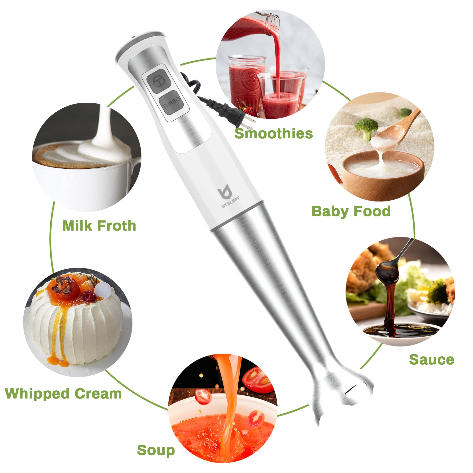 Utalent Immersion Hand Blender, 3-In-1 8-Speed Stick Blender With Milk Frother, Egg Whisk For Smoothies, Coffee Milk Foam, Puree Baby Food, Sauces And Soups White