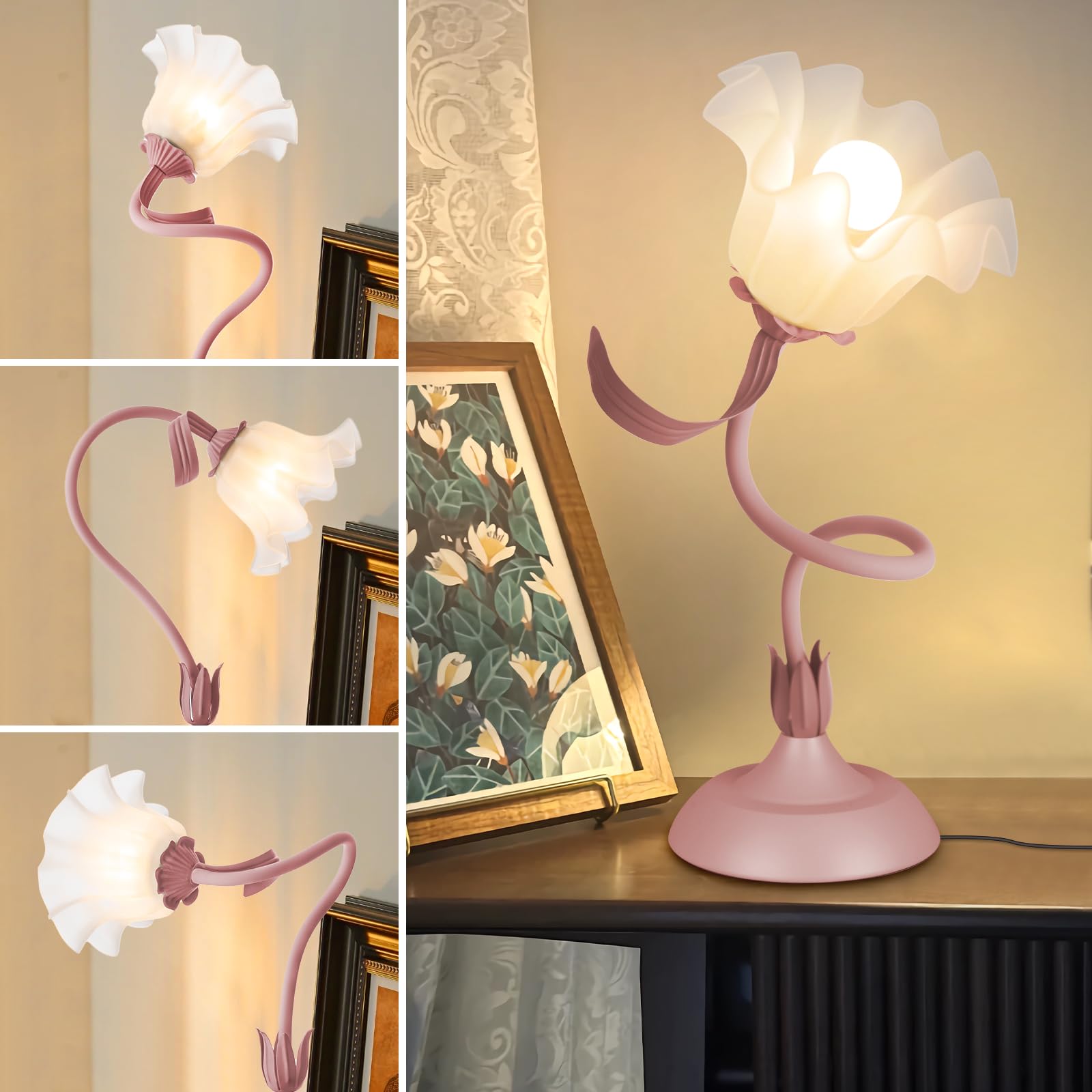 Larnix Women Bedside Table Lamps For Bedroom, Cute Flower Desk Lamp With Adjustable Flexible Gooseneck, 3 Color Temperatures Nightstand Lamp With E26 Led Bulbs, Floral Lamp For Living Room, Office,Reading