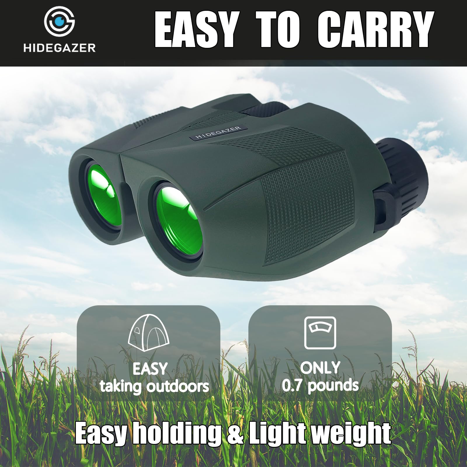 Hidegazer High Powered Binoculars For Adults And Kids，10X25 Compact Binoculars For Bird Watching - Easy Focus Binoculars With Large Eyepiece For Hunting,Travel,Hiking And Sport Games (Olive)