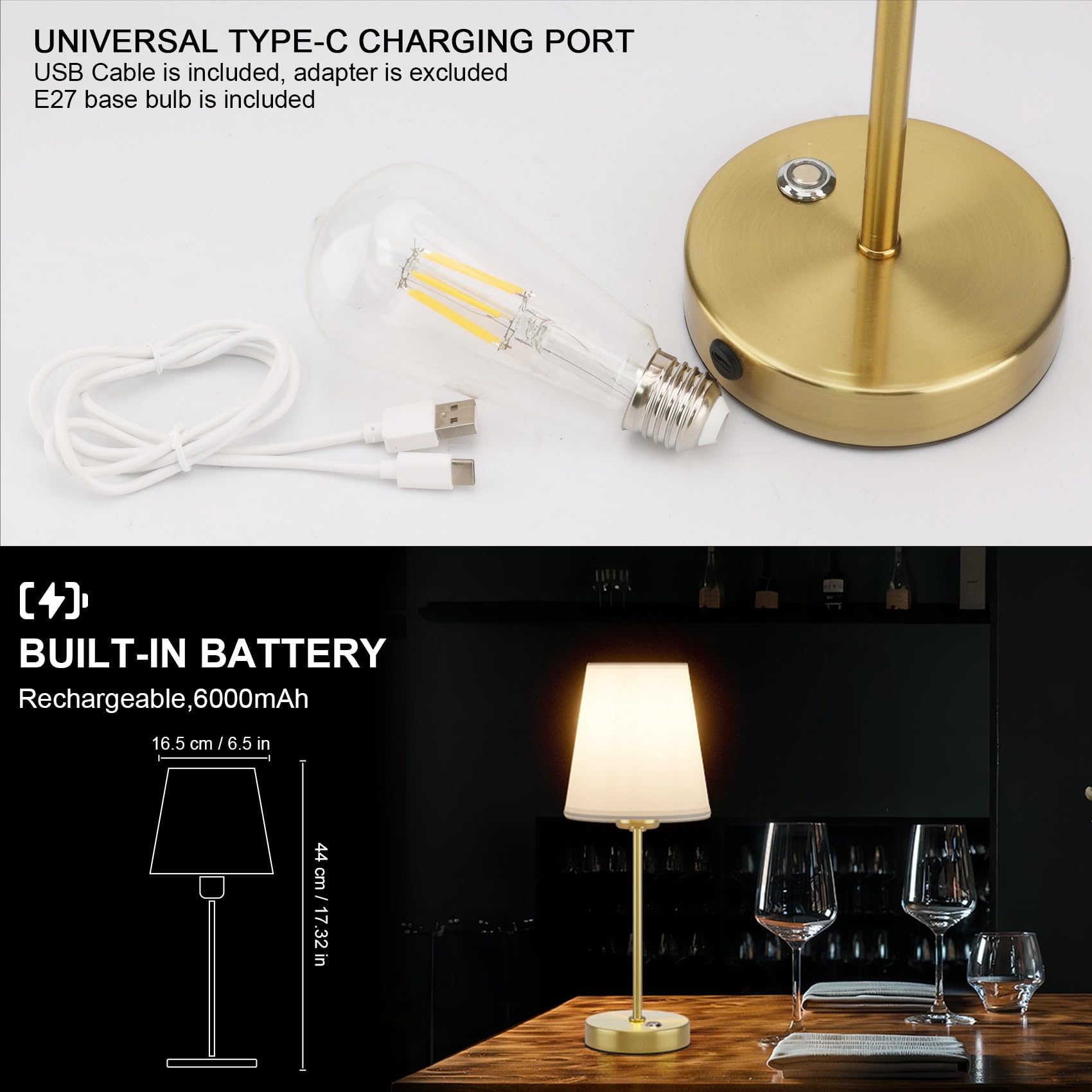 Irotine 2 Pack Gold Cordless Fabric Table Lamps With 6W Bulb And Dimmer, 6000Mah Rechargeable Battery Powered Table Lamp, Stepless Dimmable Outdoor Patio Table Lamps, Bedside Desk Night Lamps