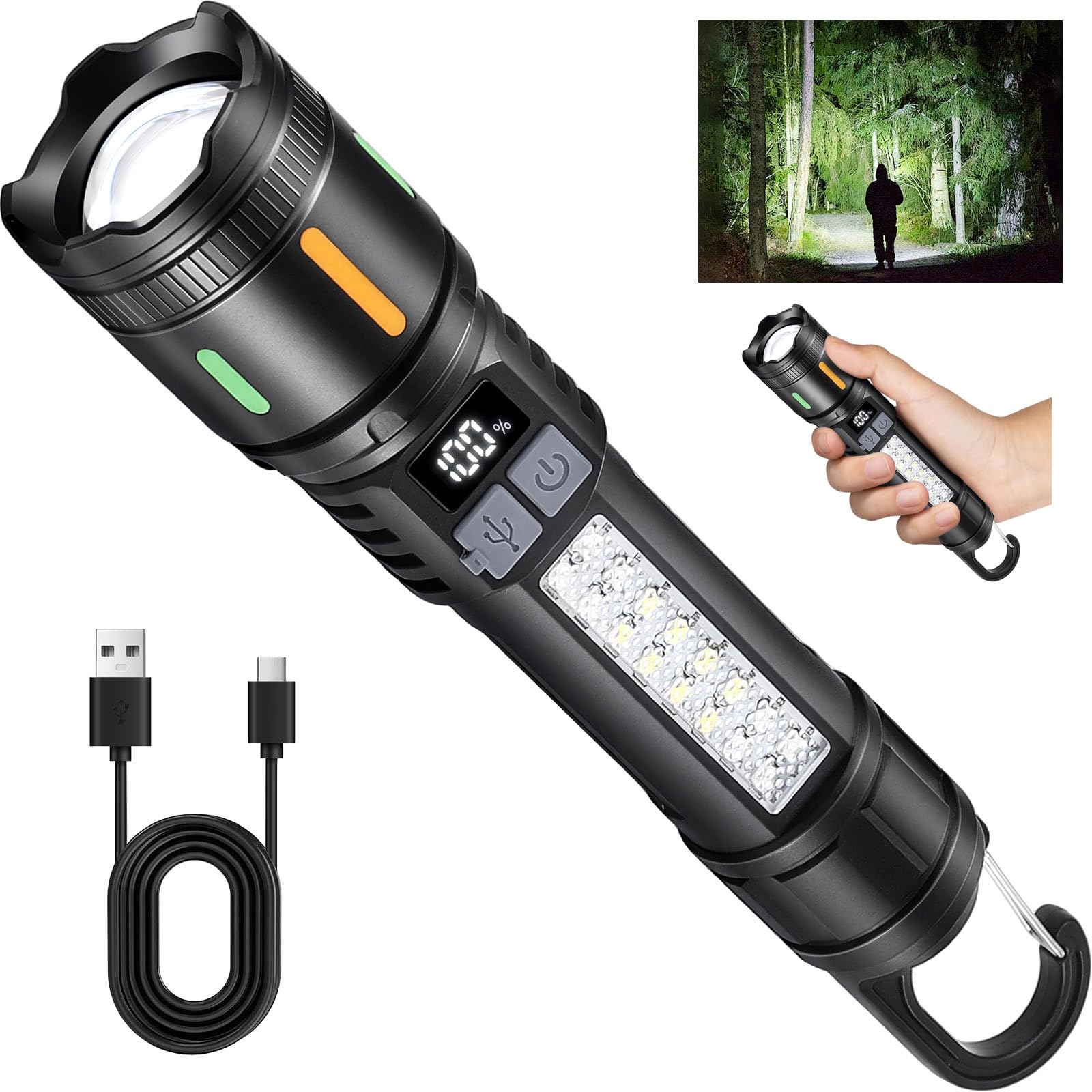Ciwuzxs Rechargeable Led Flashlights High Lumens - 3000Lm Super Bright Tactical Flashlight With Cob Sidelight And Hook, 5 Light Modes, Ipx6 Waterproof, For Camping, Repairs, And Home Emergencies