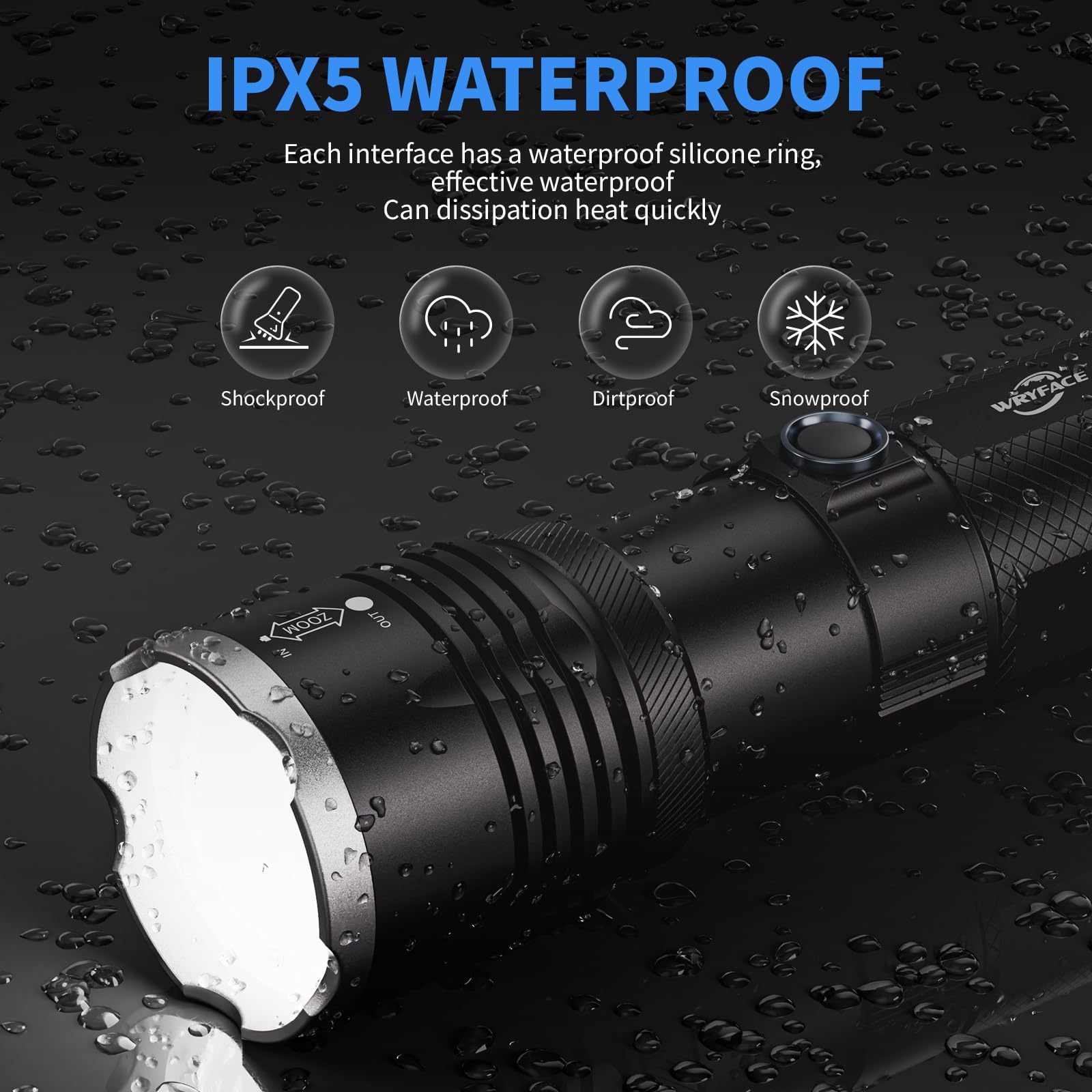 Wryface Rechargeable Led Flashlight High Lumens Super Bright Flashlight, 5 Modes Tactical Flashlight With Zoomable,Ipx5 Waterproof,Powerful Handheld Flash Light For Emergencies, Hiking, Camping