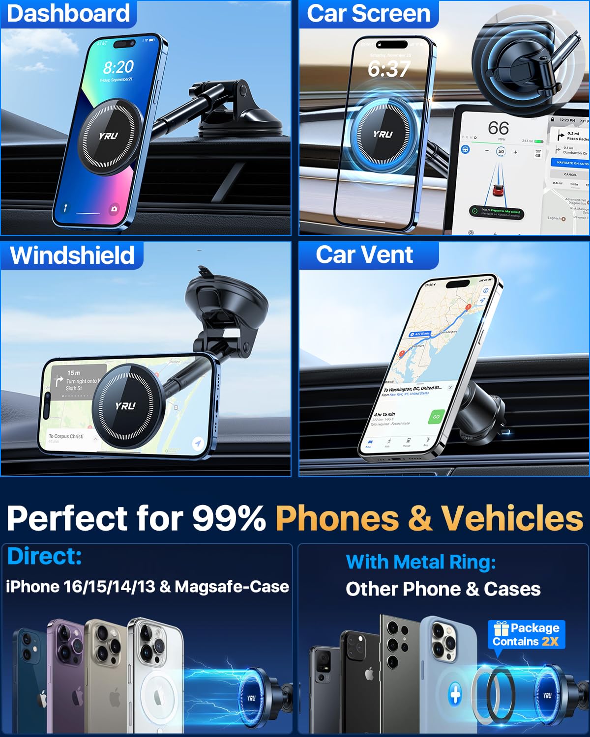 Yru [ ] Magnetic Phone Holder For Car【Patented & Super Magnet】 For Magsafe Car Mount Dashboard Magnet Phone Holder Windshield Phone Stand For Iphone 16 15 14 13 12 Pro Max Samsung, Black