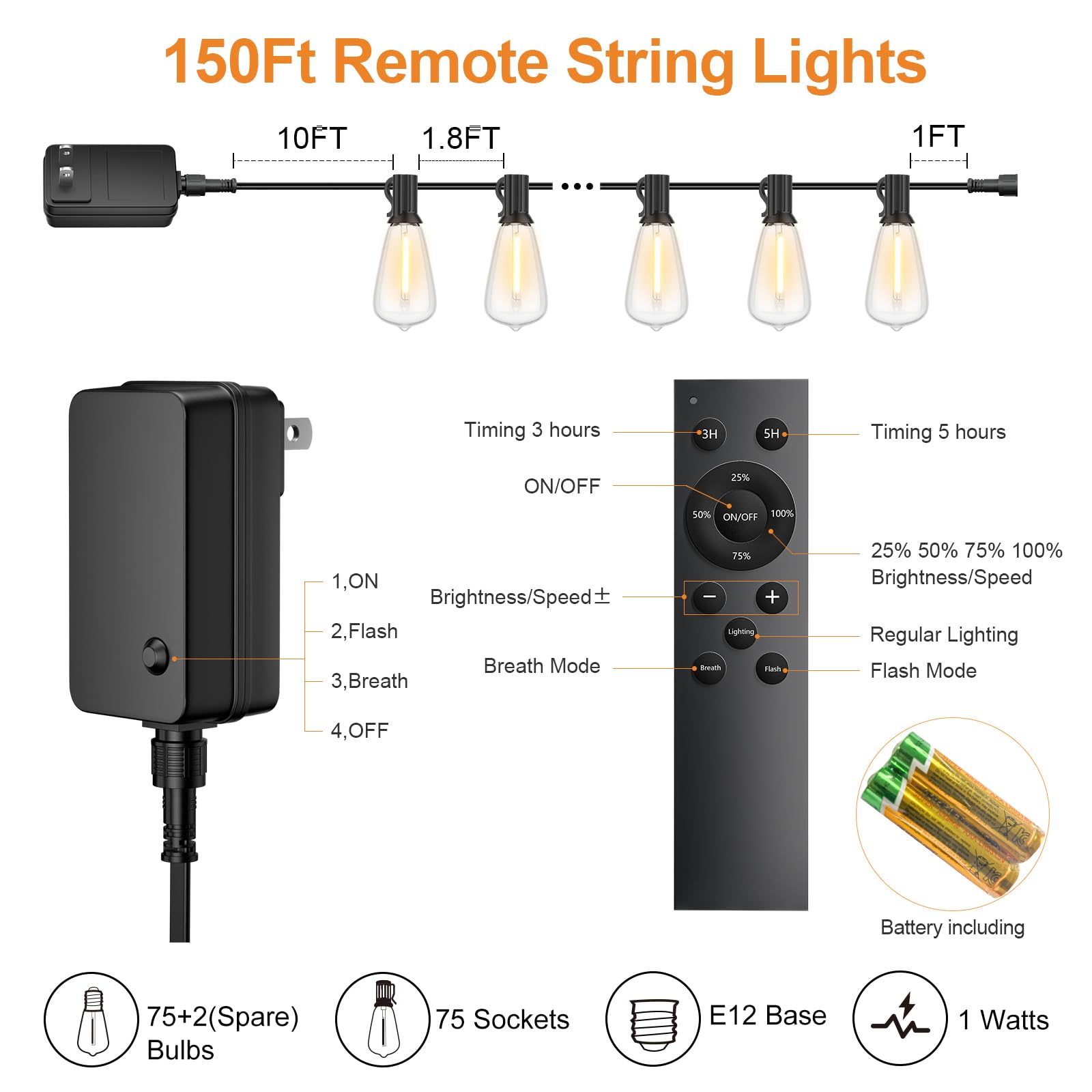 Lapitio 150Ft Outdoor String Lights With Remote, Garden Patio Decor With 2500K Warm White, 75+3 Led Edison Bulbs, Support Timer Dimmable Waterproof Shatterproof For Yard Outside Porch Deck Backyard