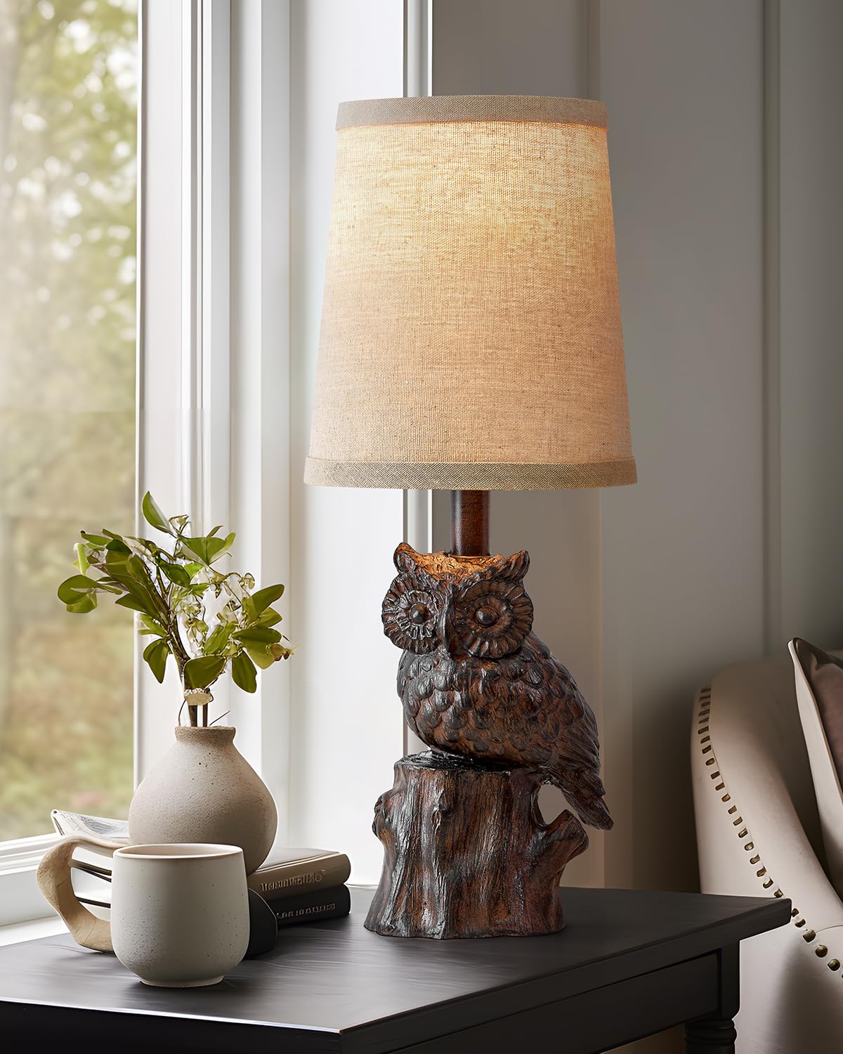 G-Safava 14.25" Small Table Lamp For Living Room Farmhouse Bedside Resin Single Lamp With Brown Owl Lamp Shape For Bedroom Retro Rustic Nightstand Lamp