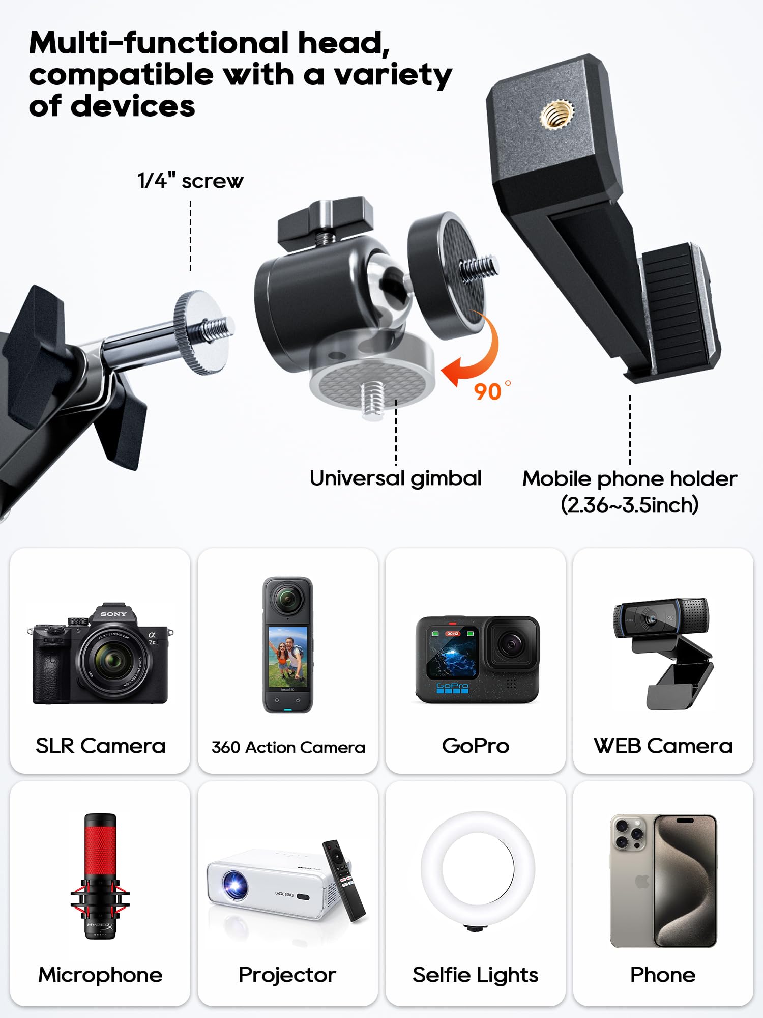 Cacencan Overhead Camera Mount, 5Lb Horizontal Load-Bearing, 360° Adjustable Stand For Desk, Flexible With Phone Clamp, Tabletop Mount For Dslr Camera/Webcam/Microphone