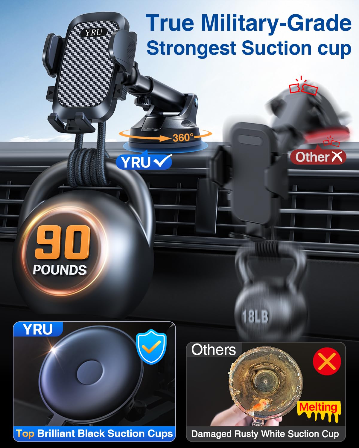 Yru [True Military-Grade & 360 Degrees Rotatable Suction]  Ultimate Car Phone Holder Mount 【90+Lbs Safest Strongest & Patent Certs】Dashboard Windshield Vent For Iphone 16 15 Pro Max Samsung, Black