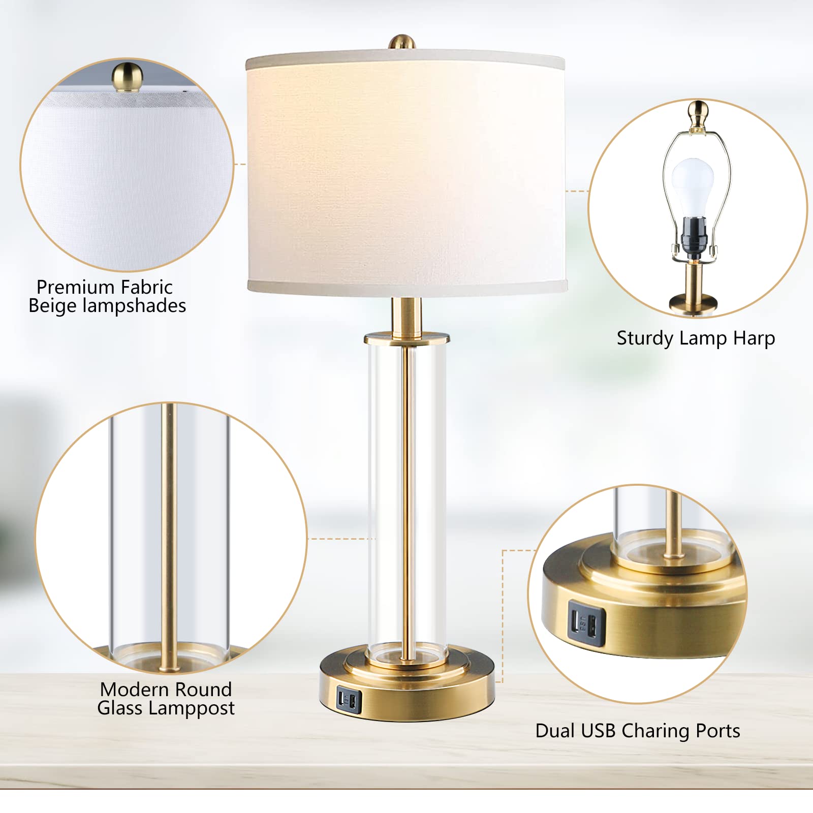 Bdrofn Table Lamps For Living Room,Touch Control Gold Lamps For Bedrooms Set Of 2,Modern Bedside Table Lamp With Dual Usb Ports,Tall Nightstand Lamp With Whites Lampshades (2 Bulbs Included)