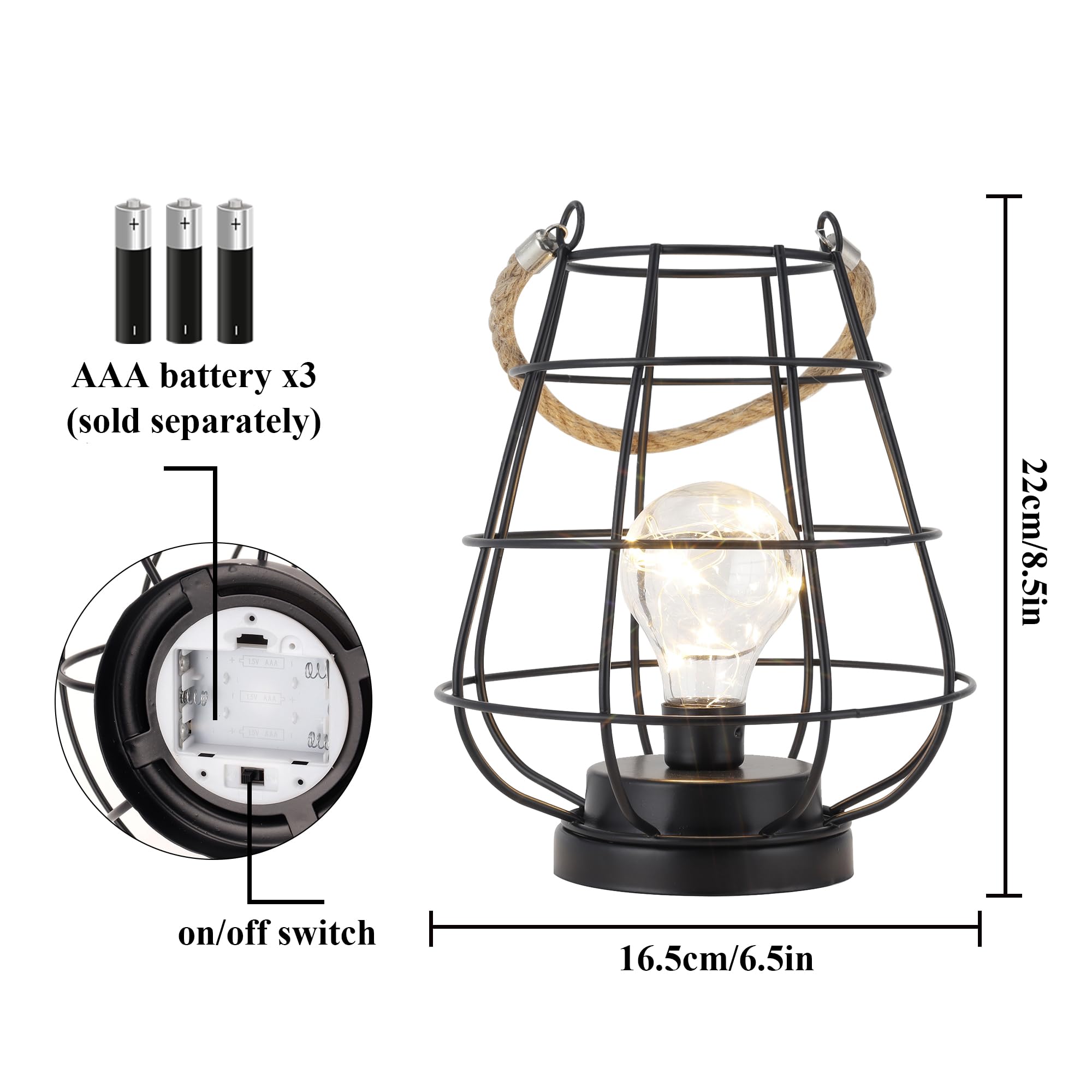 Jhy Design 8.5" H Cage Bulb Lantern Decorative Table Lamp Battery Powered Cordless Light With Warm White Fairy Lights Led Edison Bulb Lamp For Living Room Bedroom Home Wedding(Black)