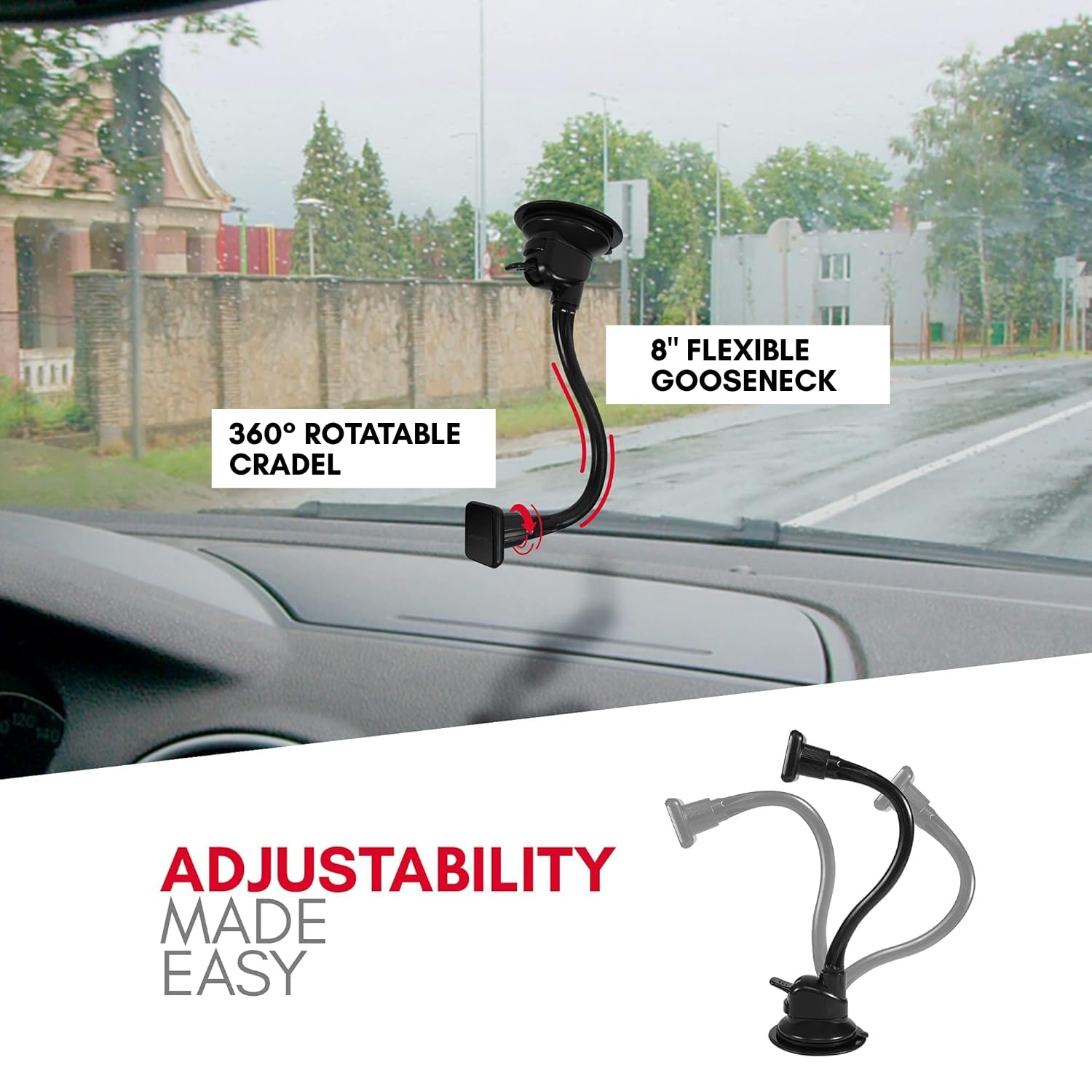 Macally Windshield Phone Mount For Car Magnetic - Suction Cup Window Mount Phone Holder With 8" Long Gooseneck Arm & Super Strong Magnet Mount For Smartphone And Iphone
