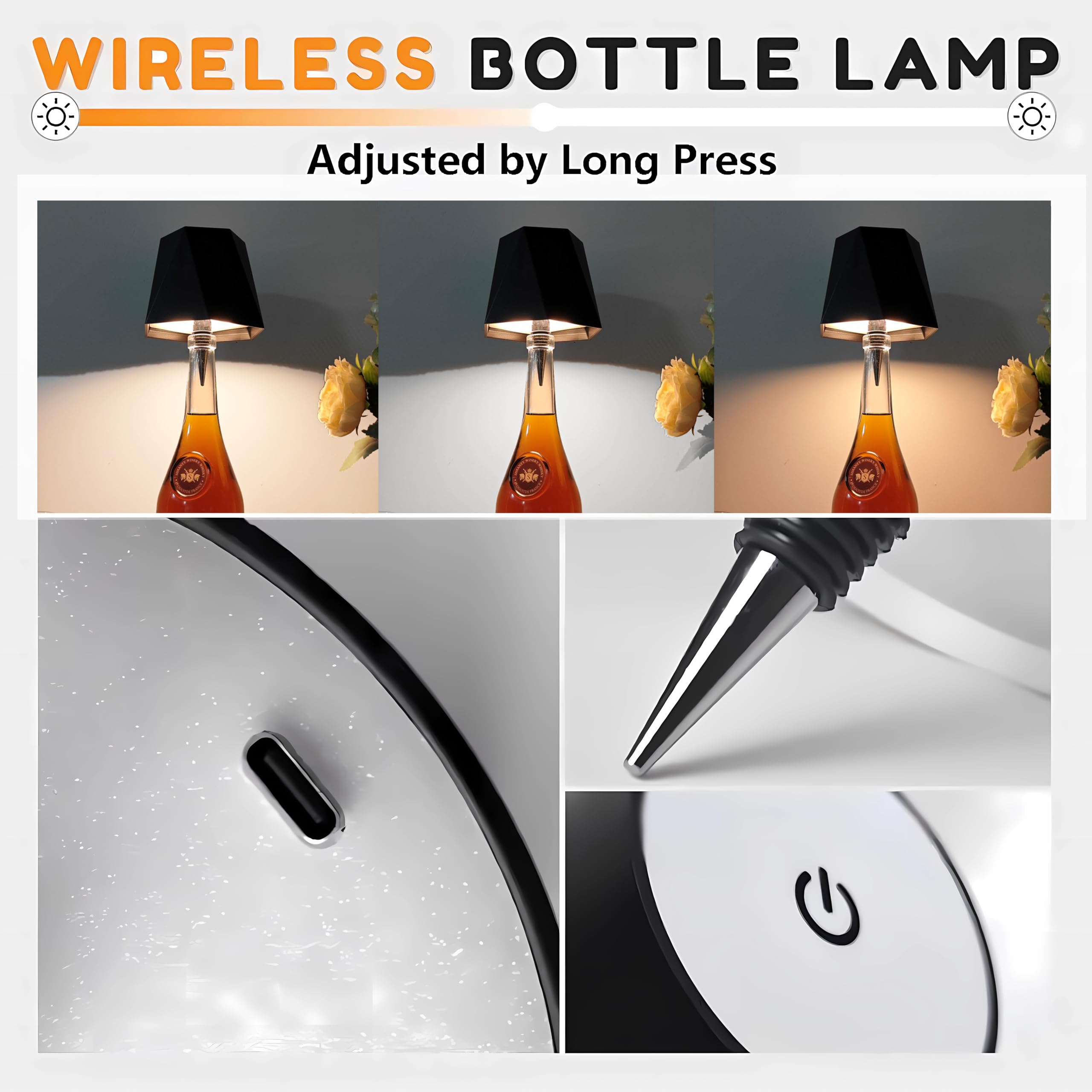 Jkeyes 2Pcs Black Wireless Liquor Wine Bottle Lamp Touch Dimmable 3 Color Stepless Bottle Light 5000Mah Battery Powered Lamp, Rechargeable Led Desk Lamp Shades For Bedroom, Restaurant & Bar