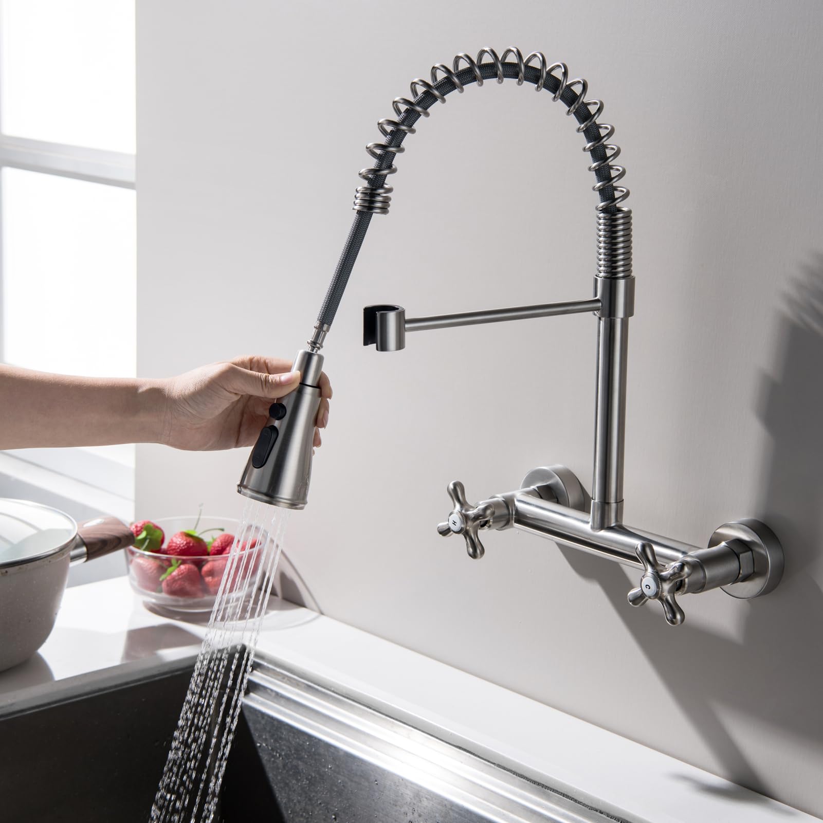 Beiyi Wall Mount Kitchen Faucet, Wall Mounted 8 Inches Center Kitchen Sink Faucet With 3 Functions Sprayer Wall Kitchen Faucets, Brushed Nickel