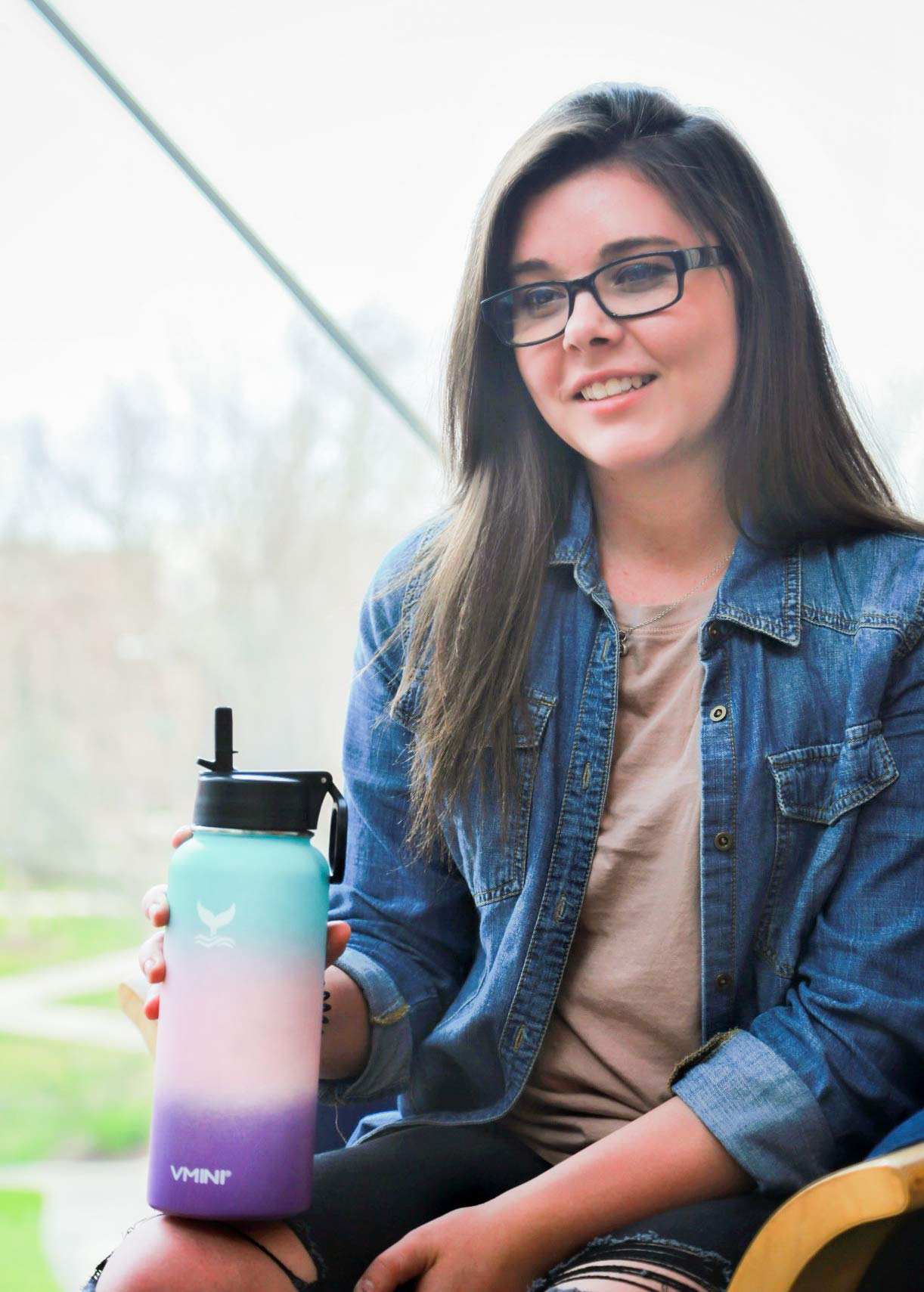 Vmini Water Bottle - Wide Mouth, 18/8 Stainless Steel, Double Wall Vacuum Insulated,  Straw Lid