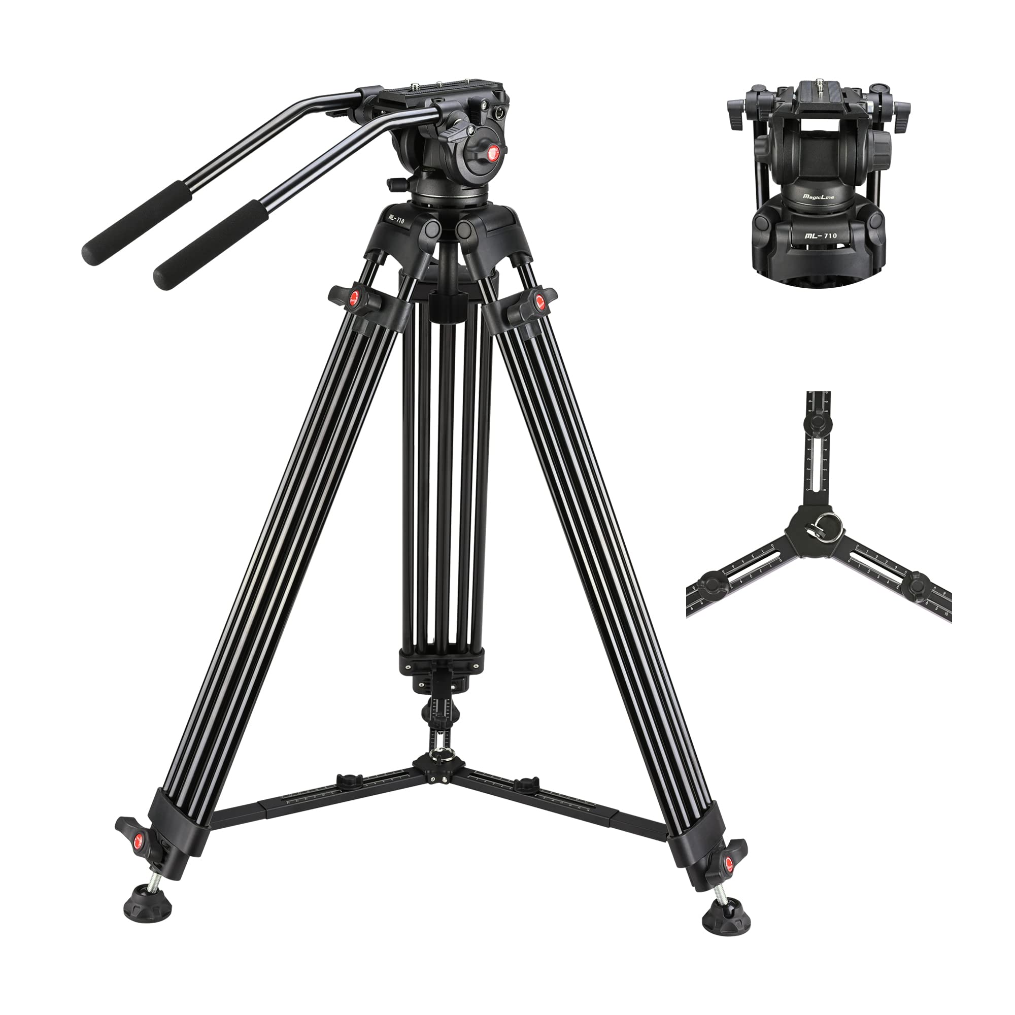 Magicline 70.9 Inch Heavy Duty Aluminum Video Camera Tripod With Fluid Head, 2 Pan Bar Handles,Extendable Mid-Level Spreader, Max Load 22 Lb For Canon Nikon Sony Dslr Camcorder Cameras Black