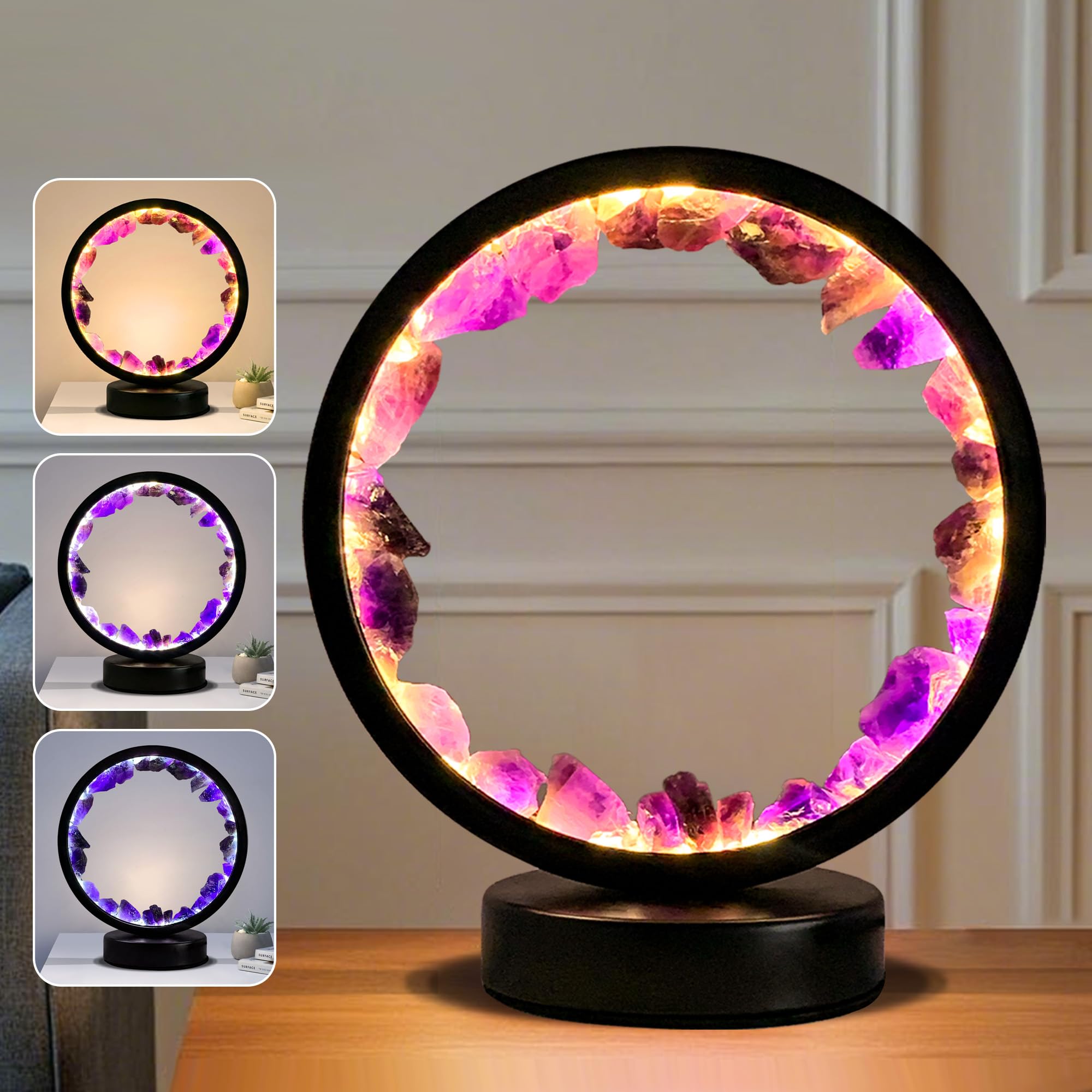 Wulcfch Crystal Lamp Fluorite Night Light Amethyst Lamp,Mothers Day Birthday For Mom Women,Healing And Meditation Bedside Lamp With 3 Color Mode,Crystal Table Lamp For Bedrooms Living Room Home Decor