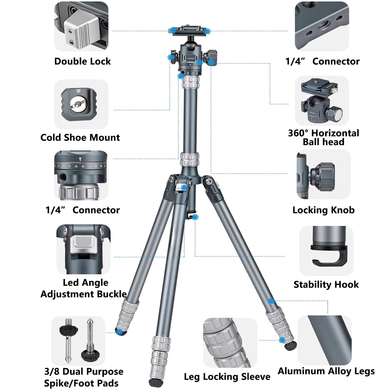 Pukoko Camera Tripod Stand For Phone And Camera With 360° Ball Head Quick-Release Arca-Swiss Mount System For Dslr Camera Camcorder,Phone Max Load 17Lb