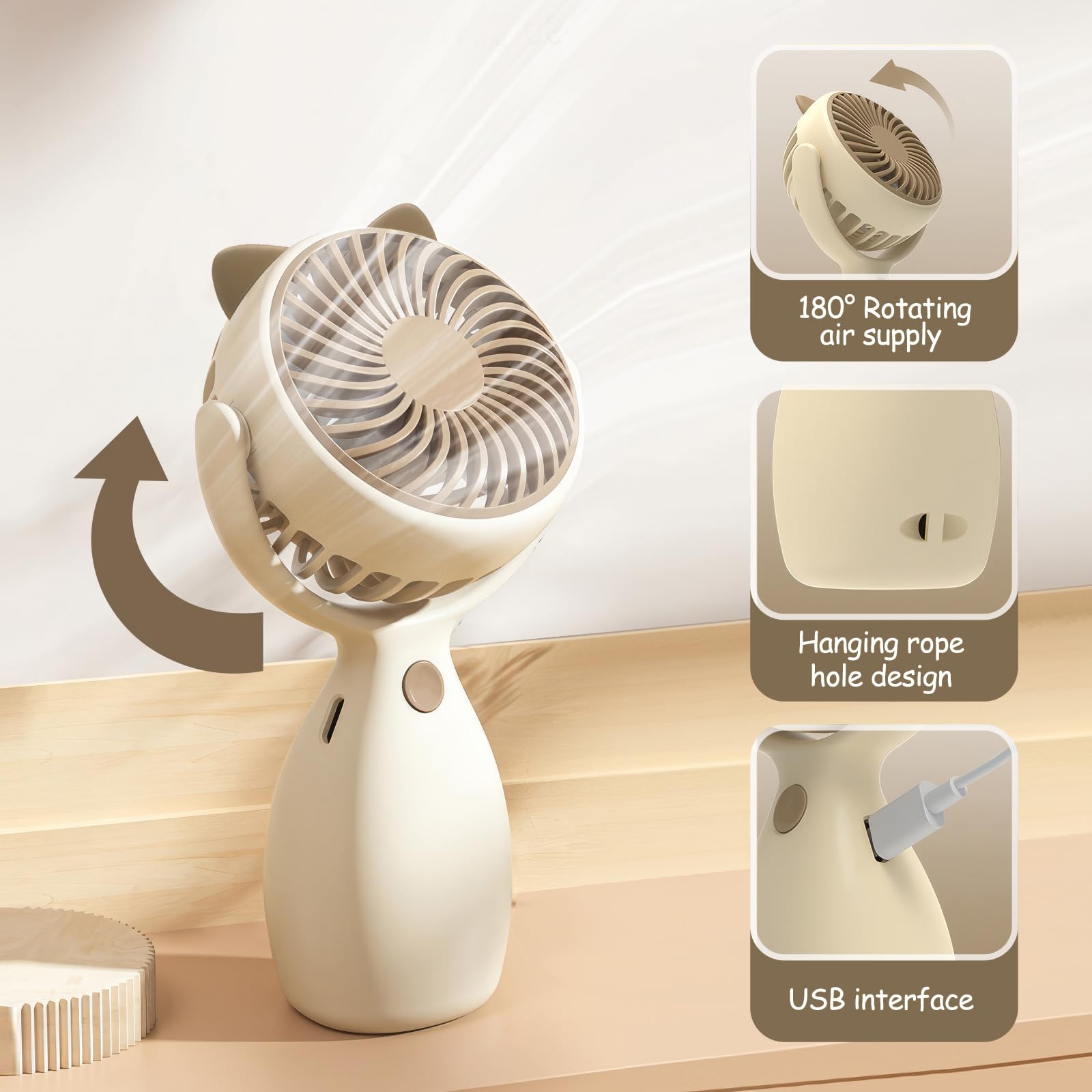 Qearfun Cute Handheld Lanyard Fan Portable, Mini Personal 3-Speed With 180 Rotation, Small Makeup