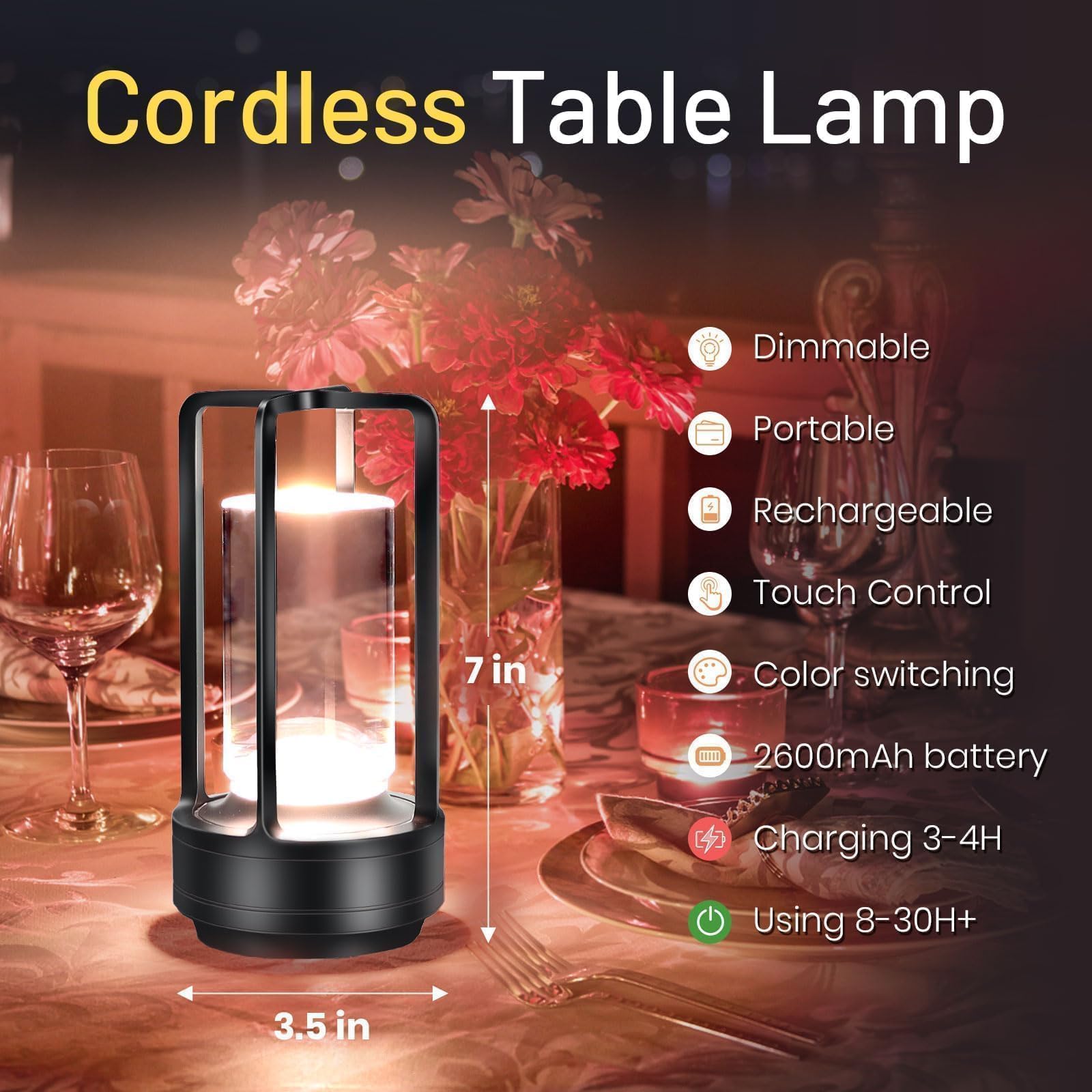 Czgor Crystal Lantern Lights Set Of 2, Battery Operated Rechargeable Cordless Crystal Table Lamp With 3-Color, Small Led Desk Lamp For Indoor/Outdoor Patio Camping Bedroom Bar Restaurant(Black)