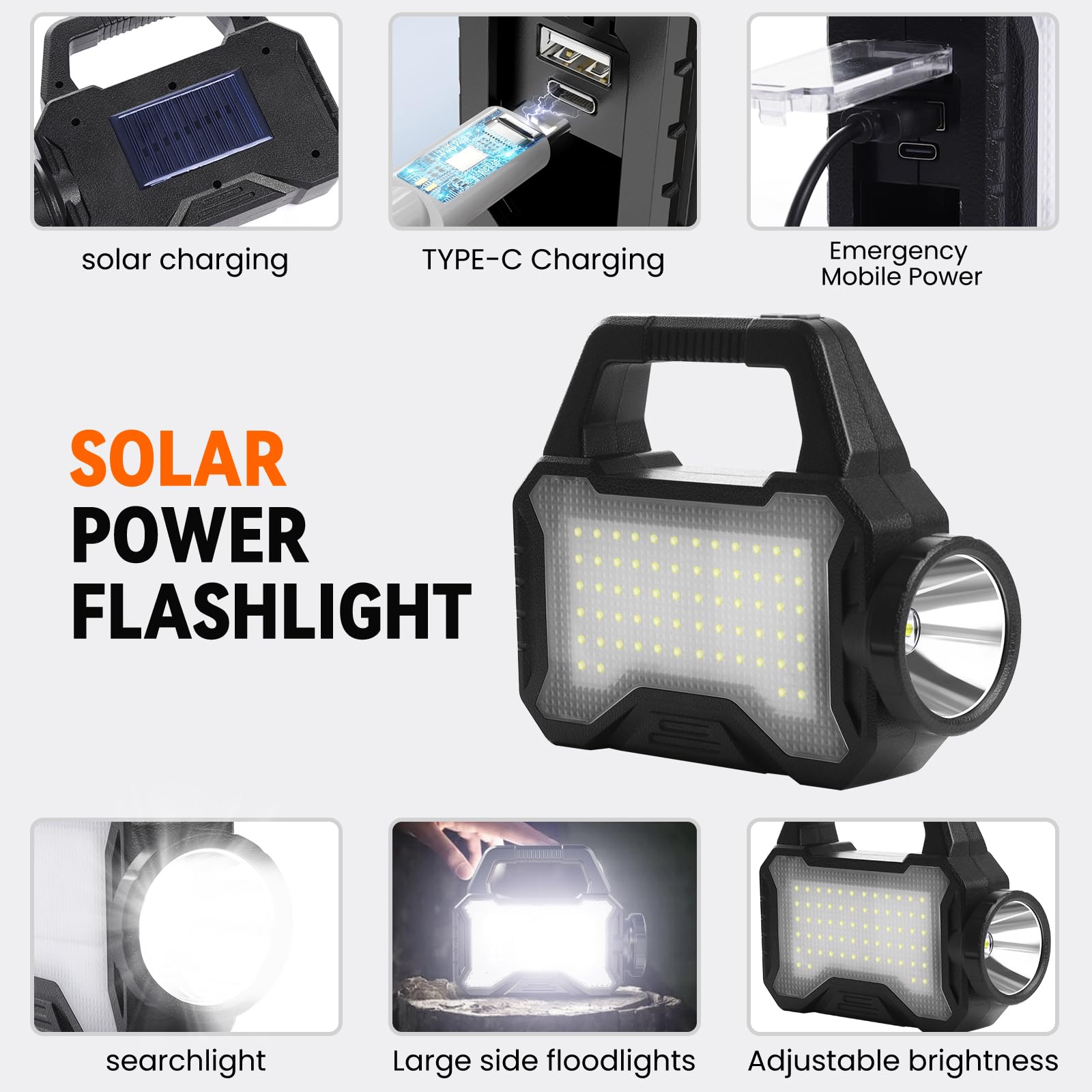 Yeatem Solar Flashlight,Multifunctional Flashlight Solar Flashlight,Led Flashlight Cell Phone Charger,Usb Charging,Suitable For Home,Fishing,Outdoor Camping