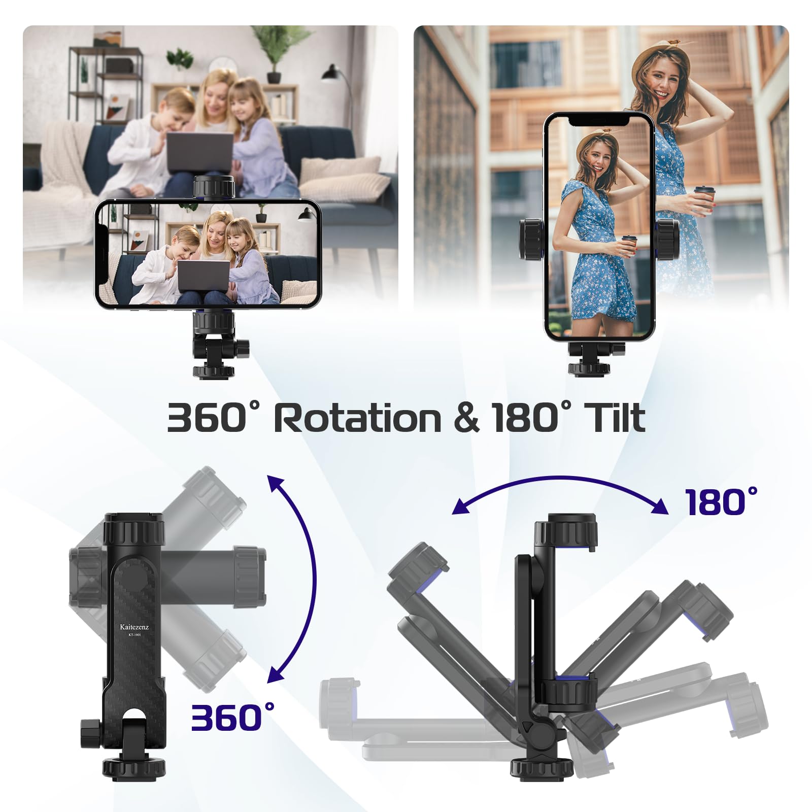 Kaitezenz Cell Phone Tripod Mount, Universal Tripod Phone Mount With 2 Cold Shoes, 360° Rotates 180° Tilts Camera Hot Shoe Phone Mount Smartphone Tripod Holder Adapter For Iphone Samsung All Phone