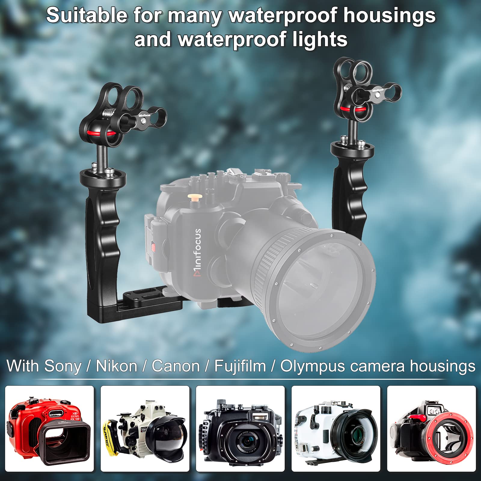 Minifocus Underwater Camera Handle Tray Bracket, Dual Handle Extendable Aluminum Alloy Video Stabilizer Holder With 2 1'' Ball Clamp Mount For Underwater Camera Diving Housings