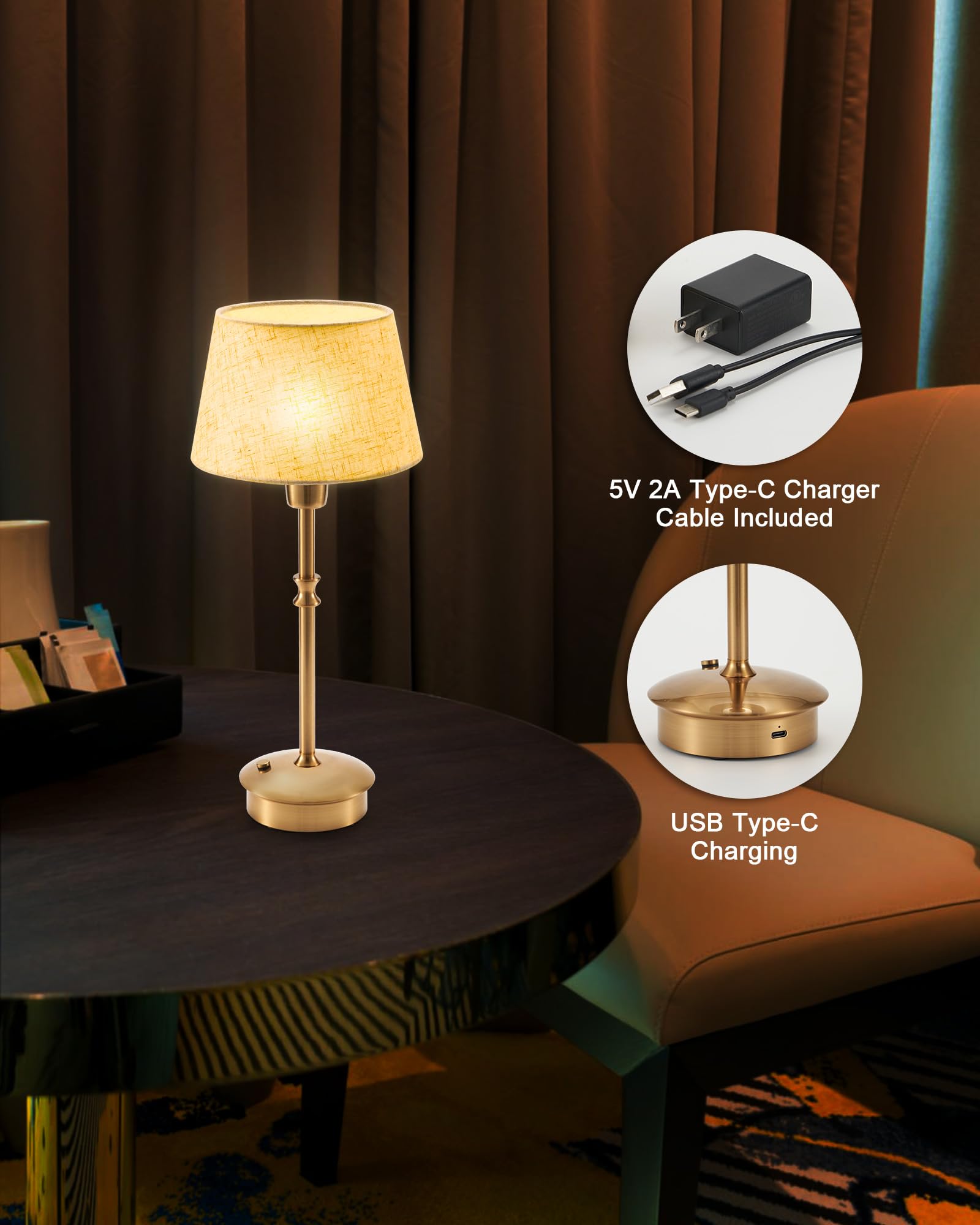 Umexus Cordless Lamp Rechargeable Table Lamps, 5000Mah Battery Operated Lights, 3 Level Brightness Dimmable, Portable Night Bedside Light For Patio, Restaurant, Dining, Fabric Shade, Antique Brass