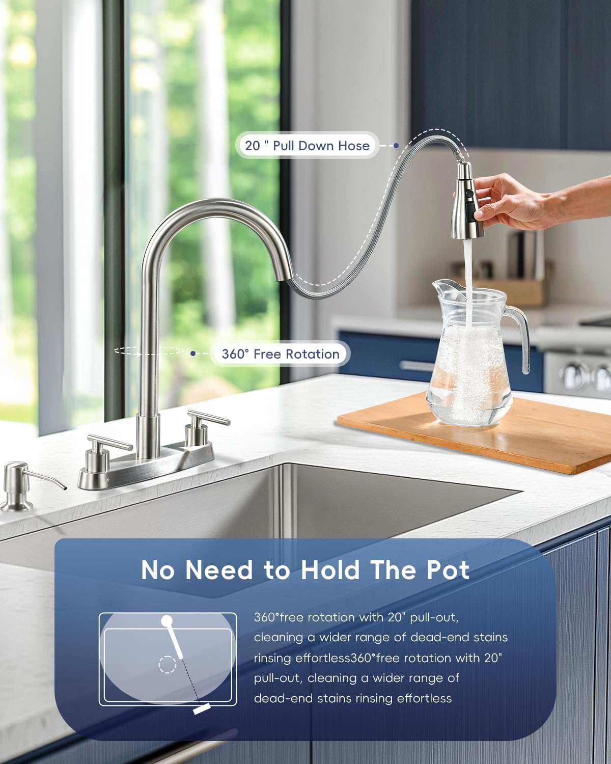 Appaso 2 Handle Kitchen Faucet With Sprayer, 4-Hole Kitchen Faucet With Pull Down Sprayer And Soap Dispenser, High Arc Stainless For 3 & 4 Hole Rv Outdoor Sink, Brushed Nickel