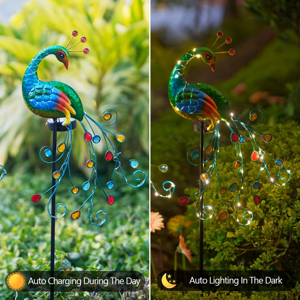 Vewogarden 2 Pack Solar Stake Lights Outdoor Waterproof Metal Peacock Solar Lights For Yard Garden Patio Pathway Walkway, Green