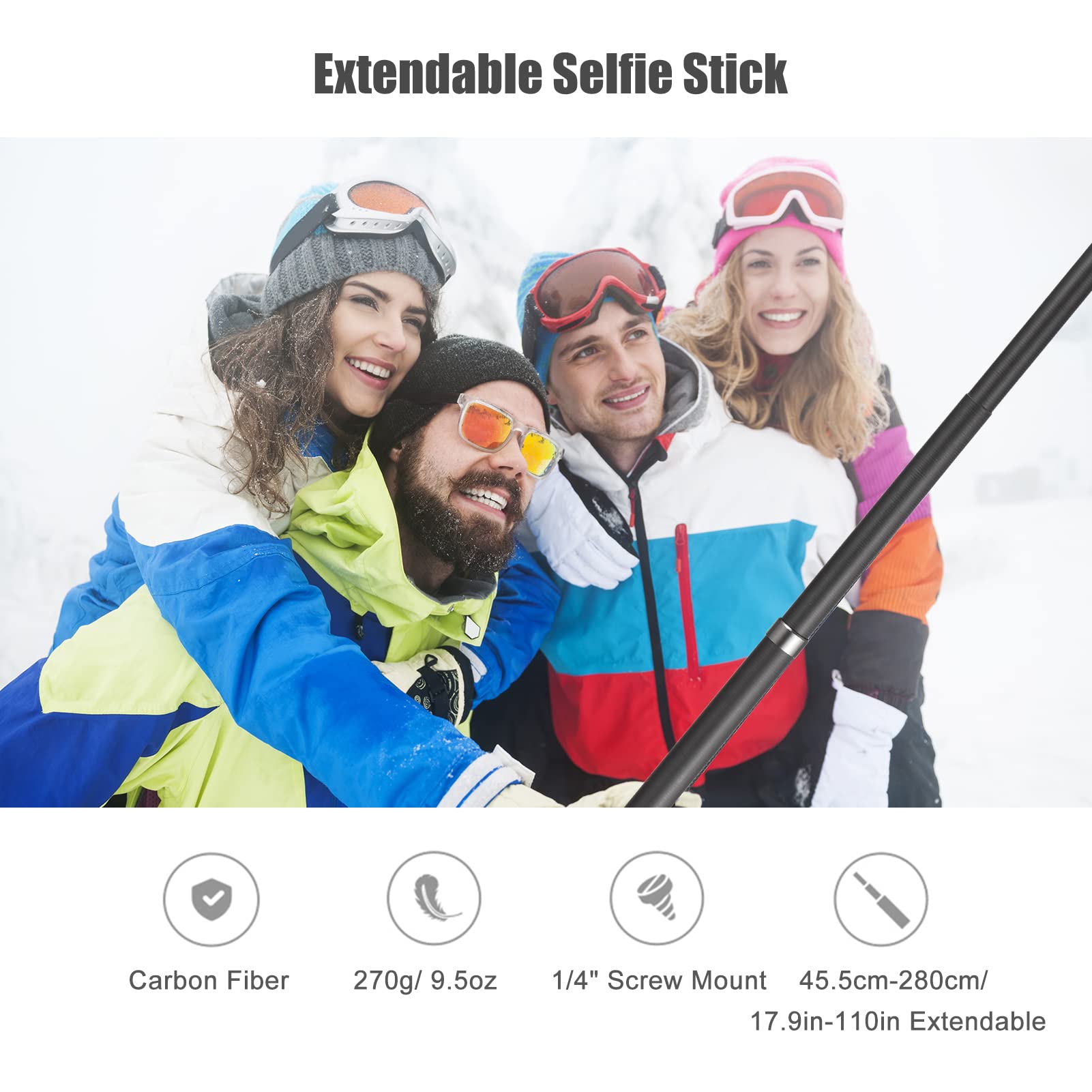 Camnoon Portable Selfie Stick Carbon Fiber Stand Camera Bracket 1/4 Inch Screw Mount 45.5Cm-280Cm/ 17.9In-110In Adjustable Length Compatible With Insta360 X2/ X3