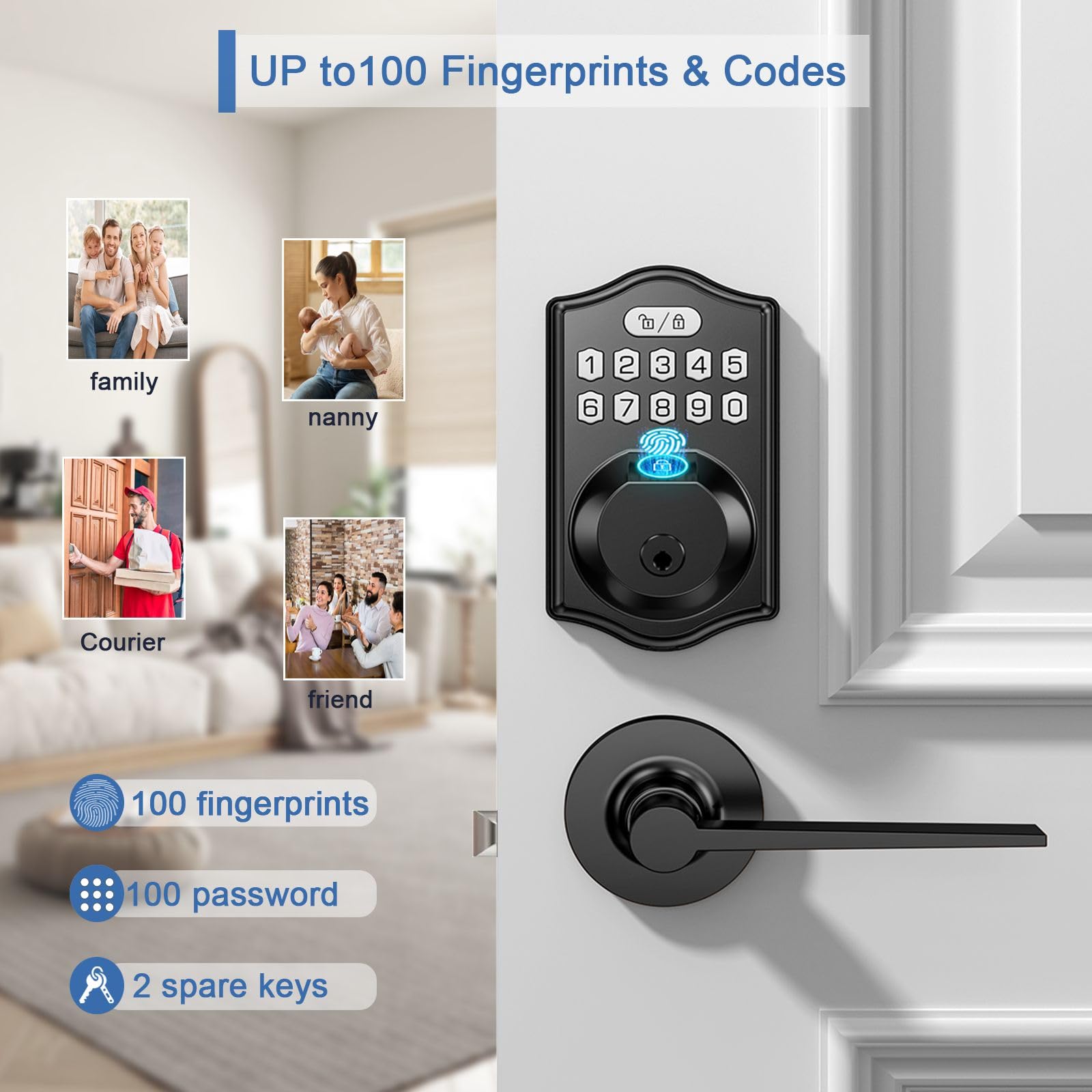 Kxzcctie Keyless Entry Door Lock Deadbolt With Handle Set-Front Smart Door Locks For Front Door-With 2 Lever Handles-Electronic Keypad Code Deadbolt,Fingerprint Door Lock-Auto Lock(Black)