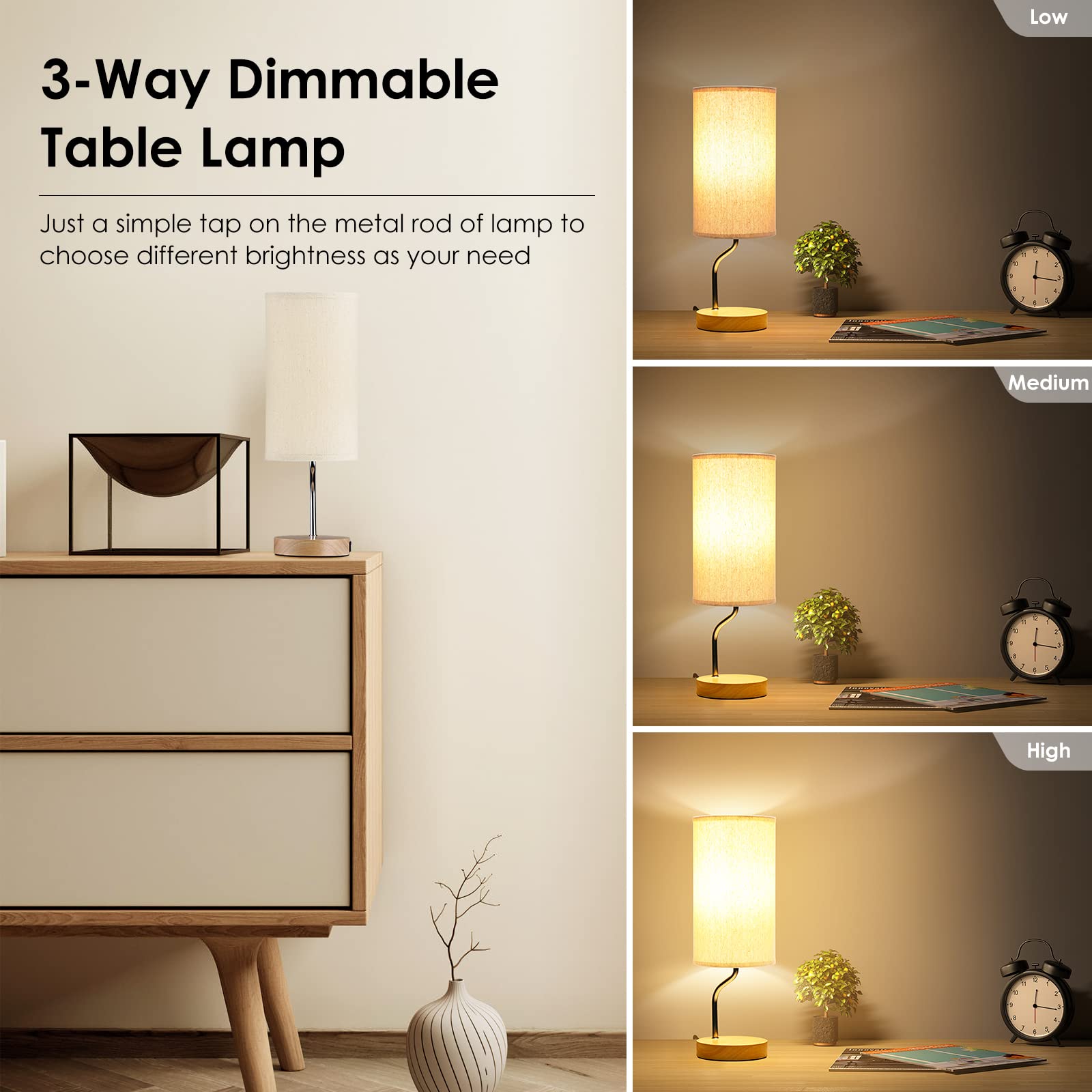Artoomizz Smart Bedside Table Lamp Set Of 2 With Wireless Charger & Usb Port - Touch Control Led Desk Lamp For Bedroom, Dimmable Wooden Nightstand Lamp With Fabric Shade For Living Room, Kid'S Room,(Cream)